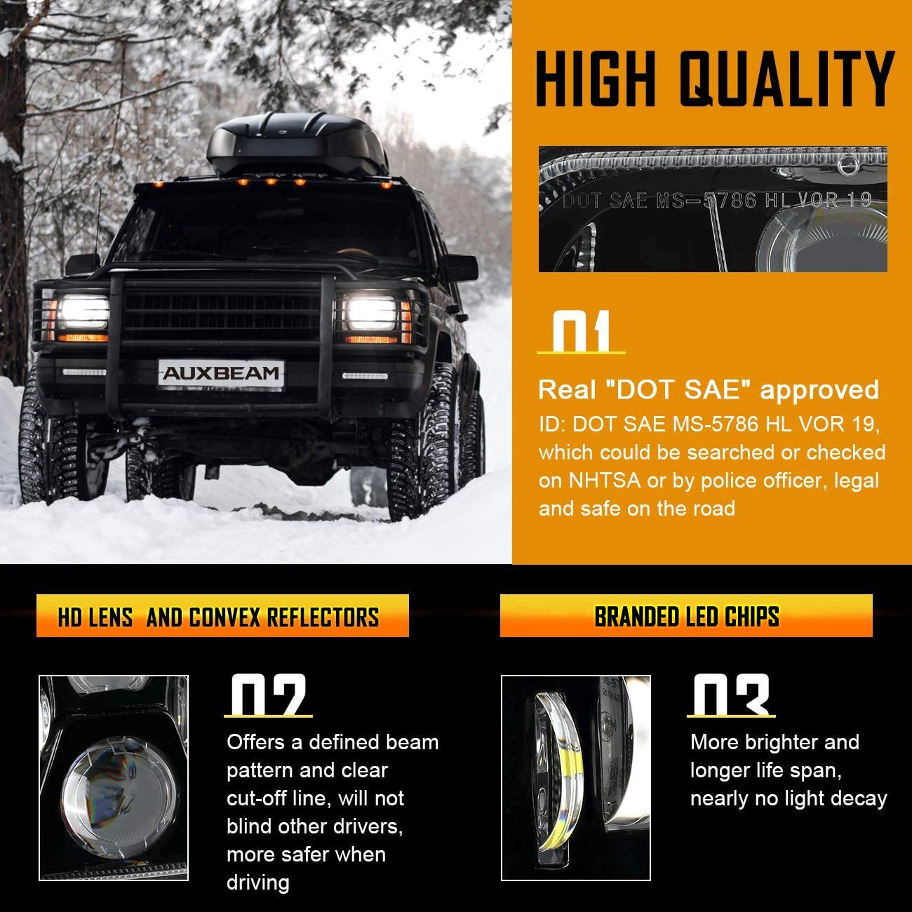 Auxbeam 5x7 7x6 Inch Led Headlights with High Low Beam DOT Approved H6054 6054 Led Rectangular Headlight for Jeep Wrangler YJ Cherokee XJ GMC Replacement H5054 H6054LL 69822 6052 6053 (Black)