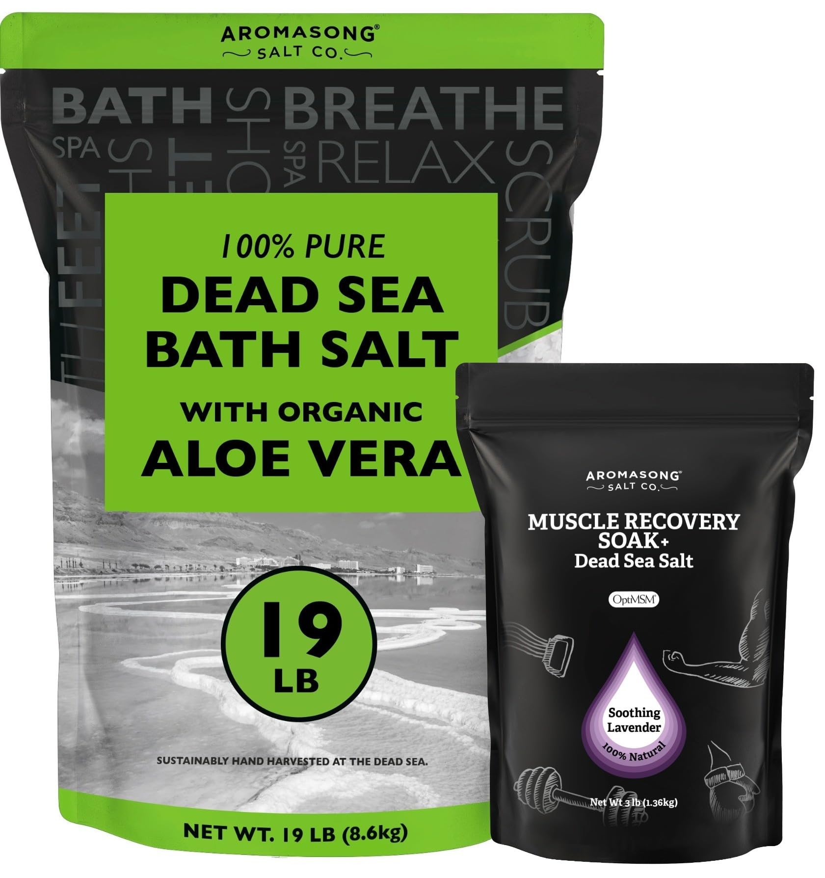 Aromasong Organic Aloe Vera Dead Sea Salt 19 lb + Muscle Recovery Bath Soak 3 lb Bundle – Soothing Skin Hydration, Muscle Relief & Post-Workout Recovery with Pure Minerals & OptiMSM