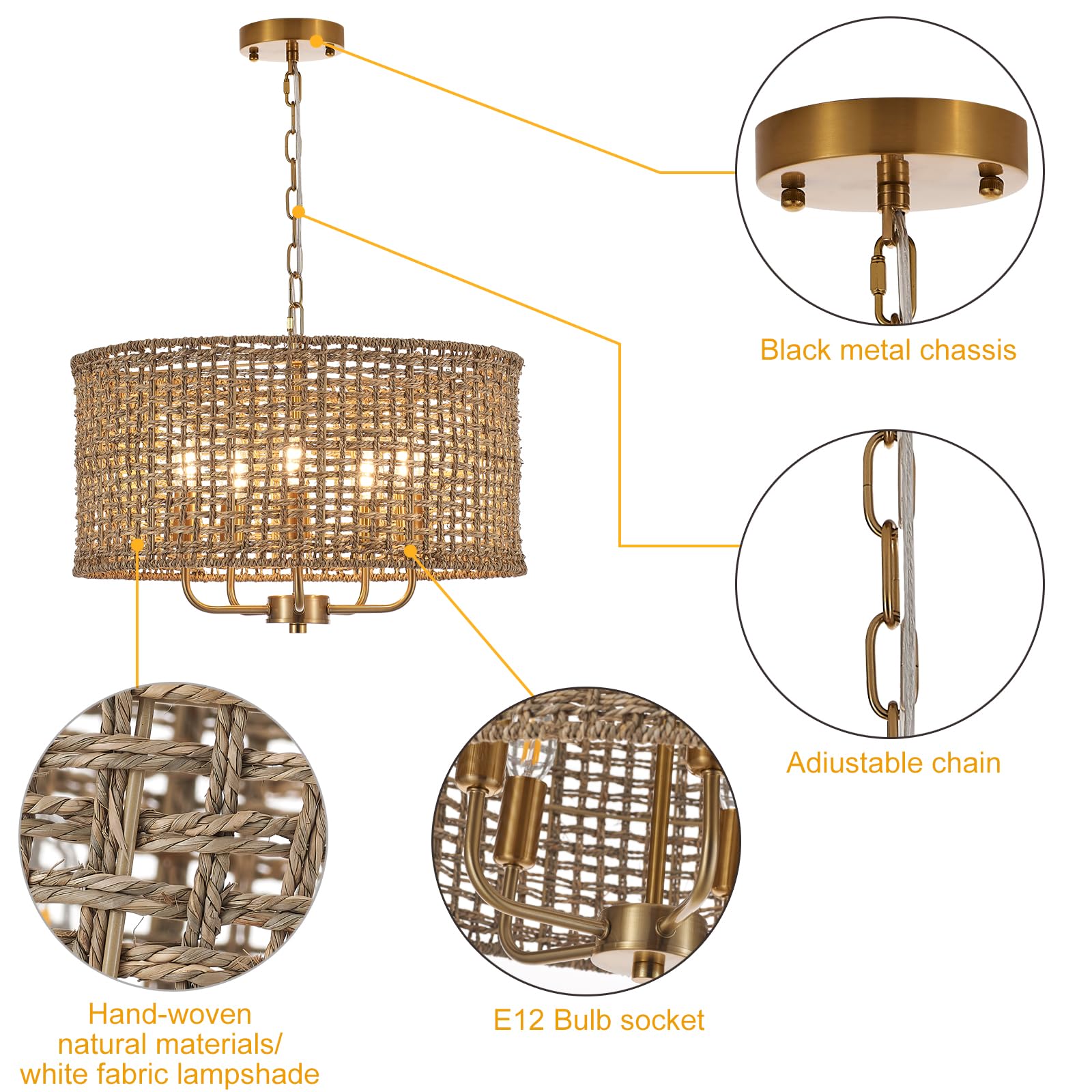 YOMECOO Hand-Woven Rattan Chandelier Vintage Farmhouse Boho Bamboo Chandelier Light Fixture Mini Retro 5-Lights Drum Wicker Rattan Chandelier for Dining Room, Kitchen, Living Room