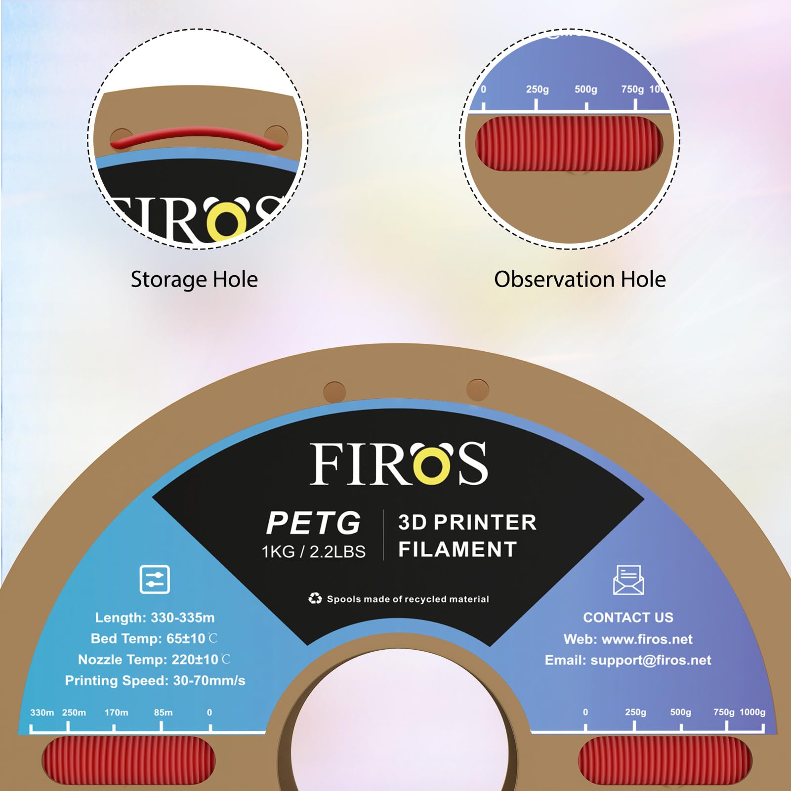 FIROS PETG 3D Printer Filament, 1kg(2.2lbs) Spool PETG Filament 3D Printing Filament, 1.75mm Dimensional 3D Printer Filament, Fit Most FDM Printer, 1 Pack PETG(Red)