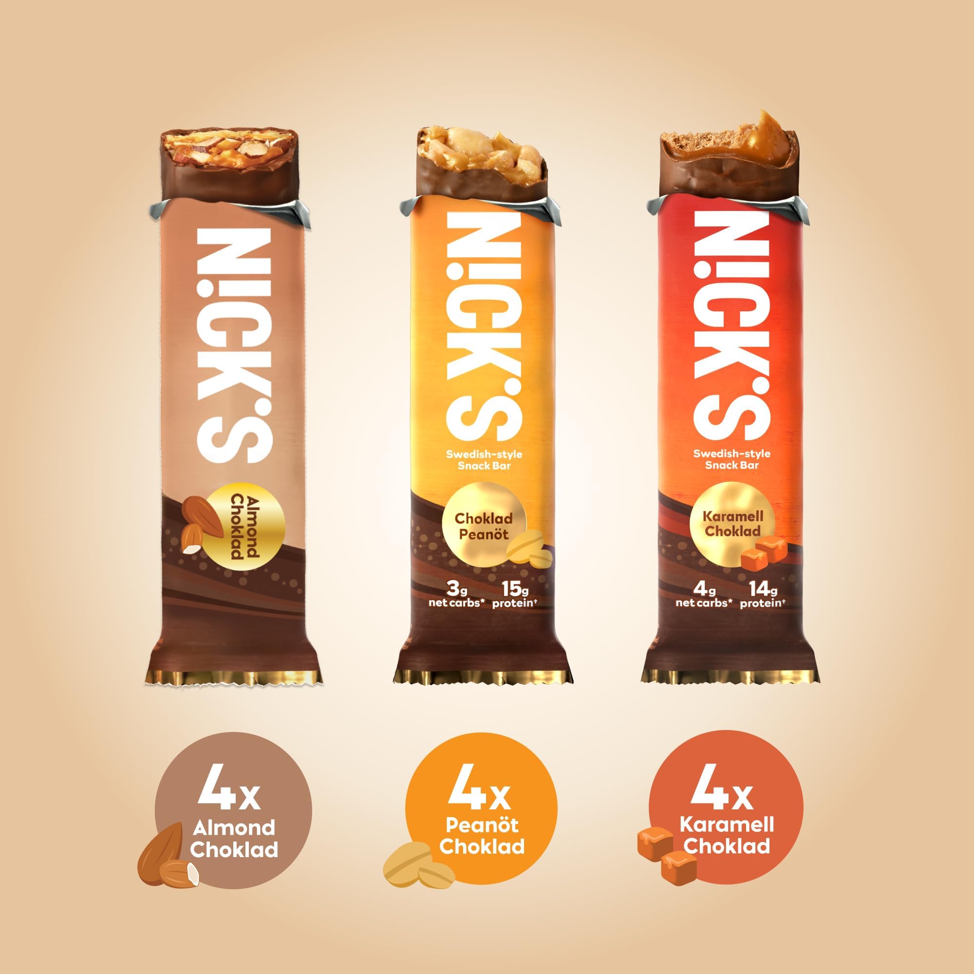 Nick's Protein Bars Variety Pack | 15g protein | 190 calories | Low Carb Keto Friendly Snacks No Added Sugar (Multipack 12 bars x 50g)