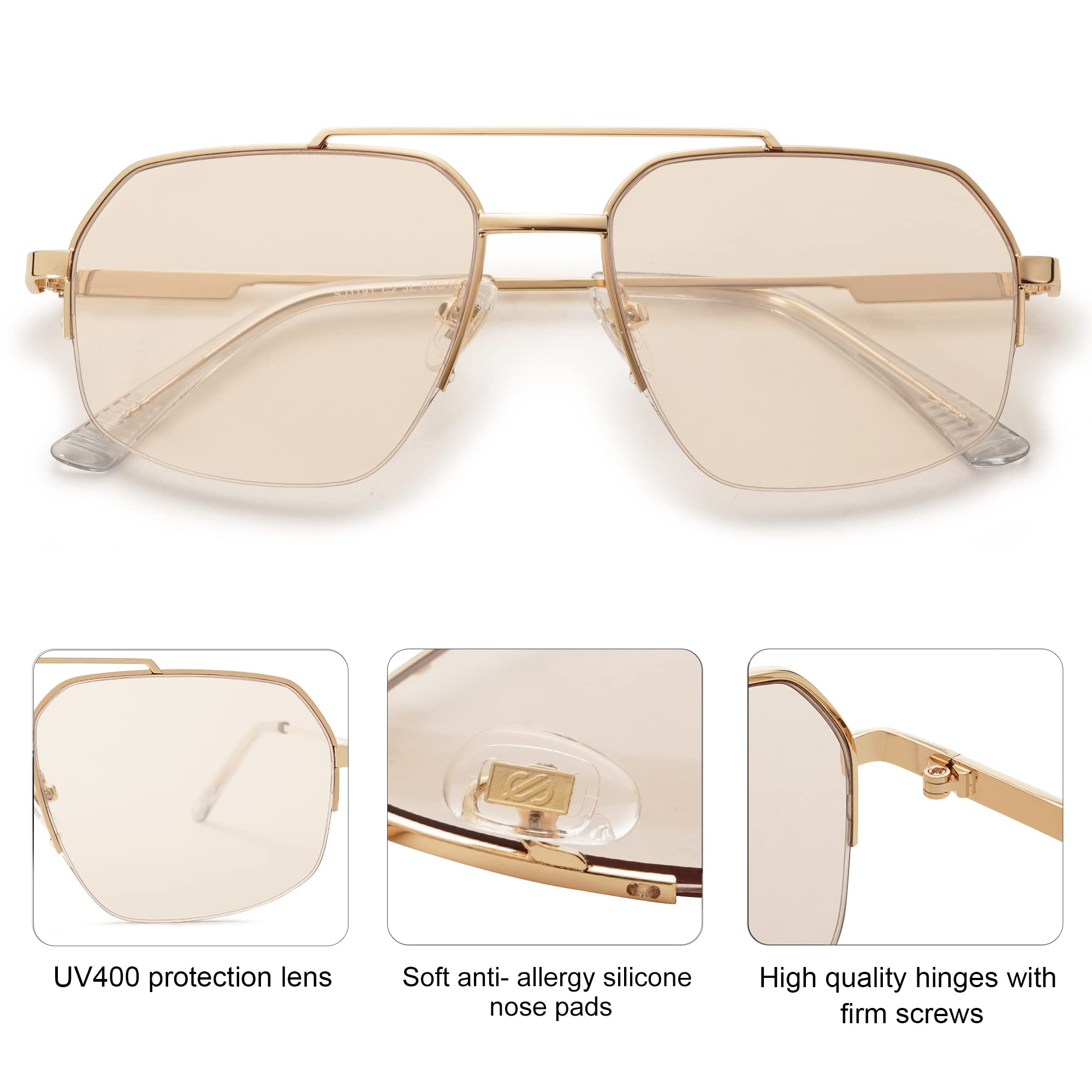 SOJOS Trendy Aviator Sunglasses Mens Womens Retro Double Bridge Metal Frame Semi-Rimless Shades Lentes De Sol Para Mujer SJ1191 Metallic