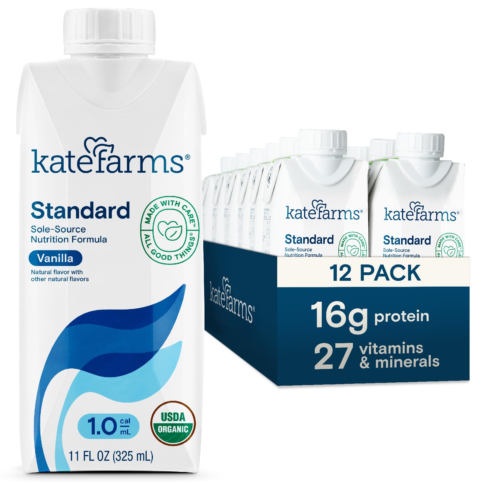 KATE FARMS Organic 1.0 Sole-Source Nutrition Shake, Vanilla, 16g Protein, 27 Vitamins and Minerals, Meal Replacement, Protein Shake, 11 oz (12 Pack)