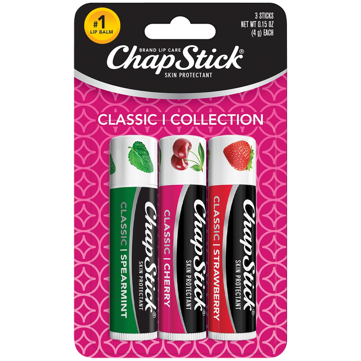 ChapStick Lip Care Set, Classic Collection 3-Pack – Spearmint, Cherry, and Strawberry Lip Balm, 0.15 Oz Ea