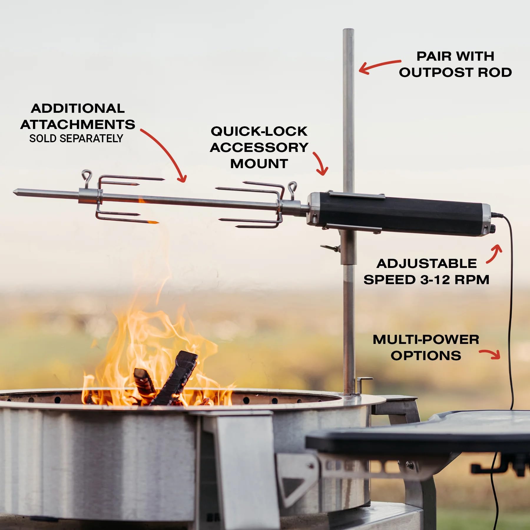 Breeo Rotisserie System - Rotisserie Grill Kit for Chicken, Turkey, BBQ, Kabobs - Live Fire Cooking Accessories - Includes Prongs, Battery Pack, Motor, AC Adapter, & Cable (Without Outpost Rod)