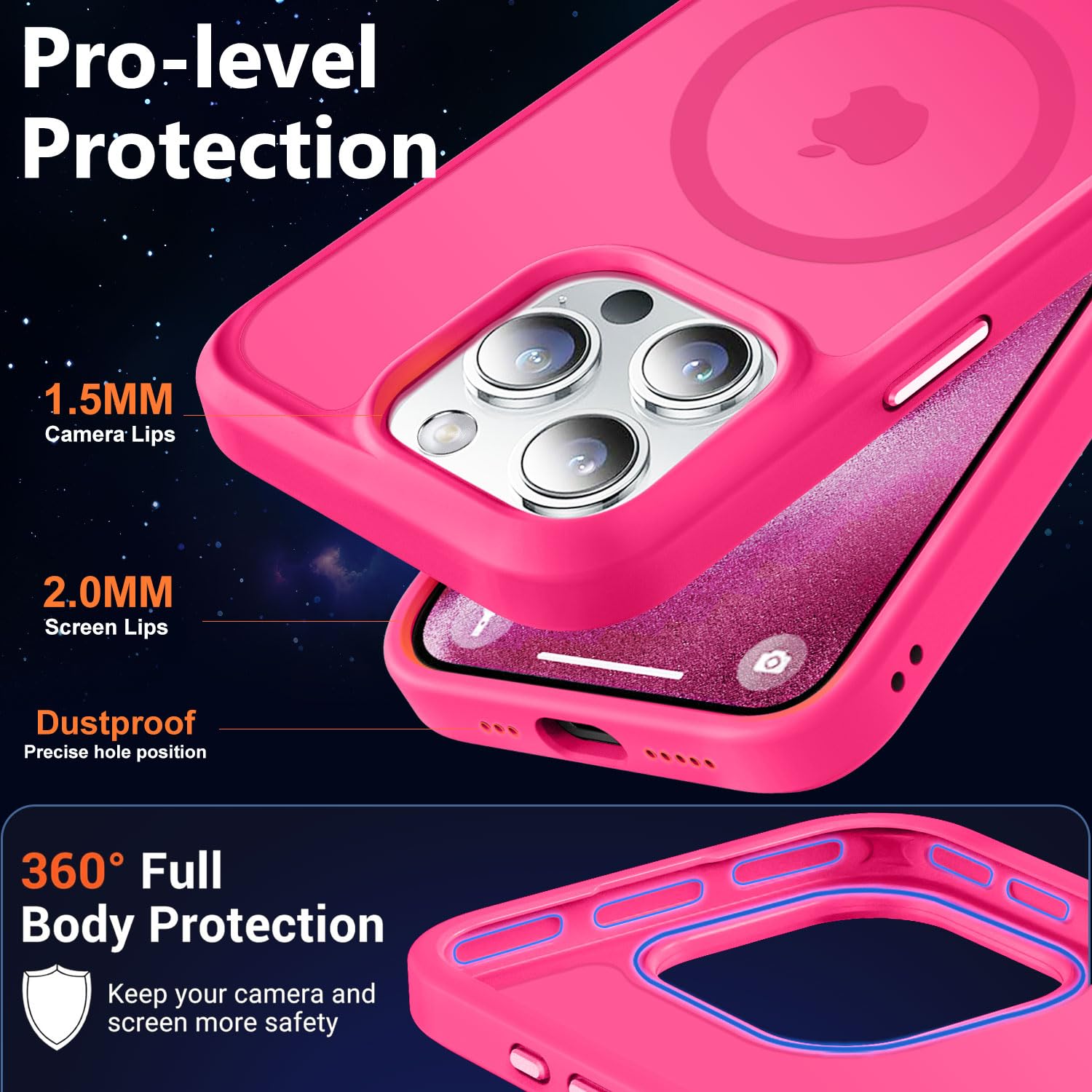 MOCCA Strong Magnetic for iPhone 15 Pro Case, [Compatible with Magsafe][13FT Military Drop Protection] Slim Translucent Matte Shockproof Case for iPhone 15 Pro Phone Case 6.1'', Hot Pink