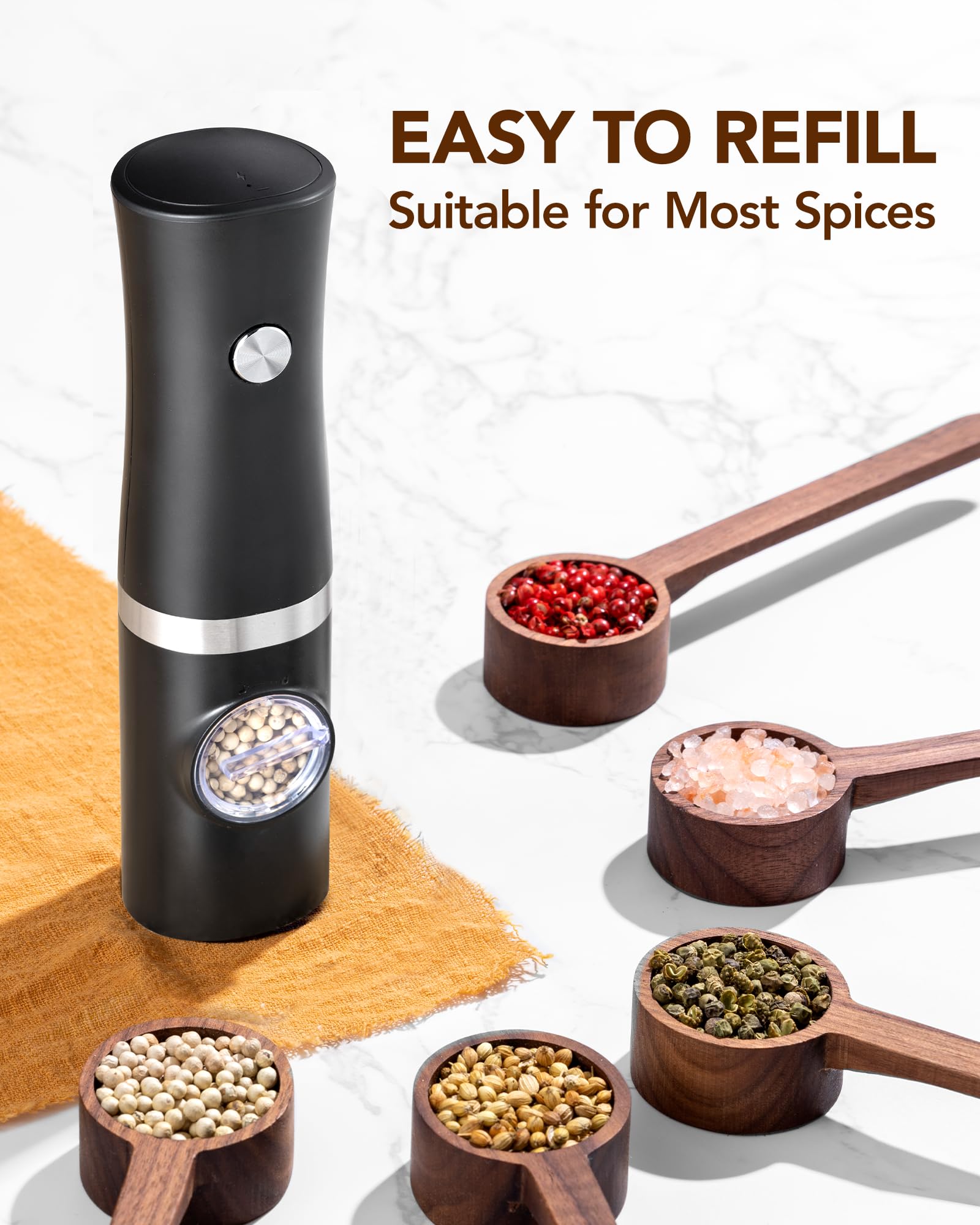 Sangcon Electric Salt and Pepper Grinder Set of 2, Automatic Salt Pepper Grinder Mill with Rechargeable Base LED light, Adjustable Coarseness,One-handed Operation, Refillable Spice Mill Shakers