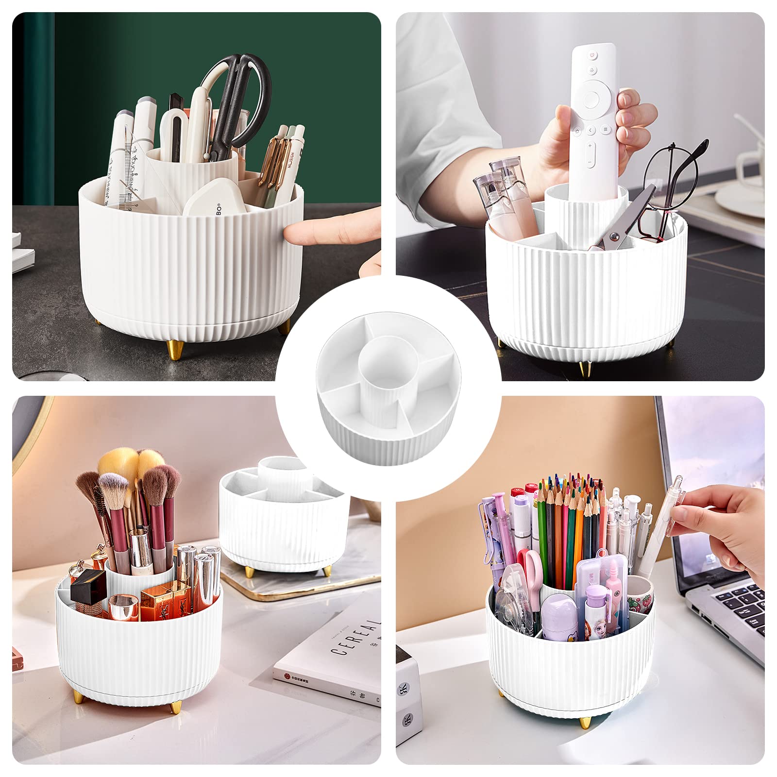 Diesisa Makeup Brush Holder Organizer,360° Rotating Makeup Brush Organizer,5 Slot Make up Brushes Cup for Cosmetics, Nail Polish, Art Supply, Bathroom Vanity Desktop Organizer - White