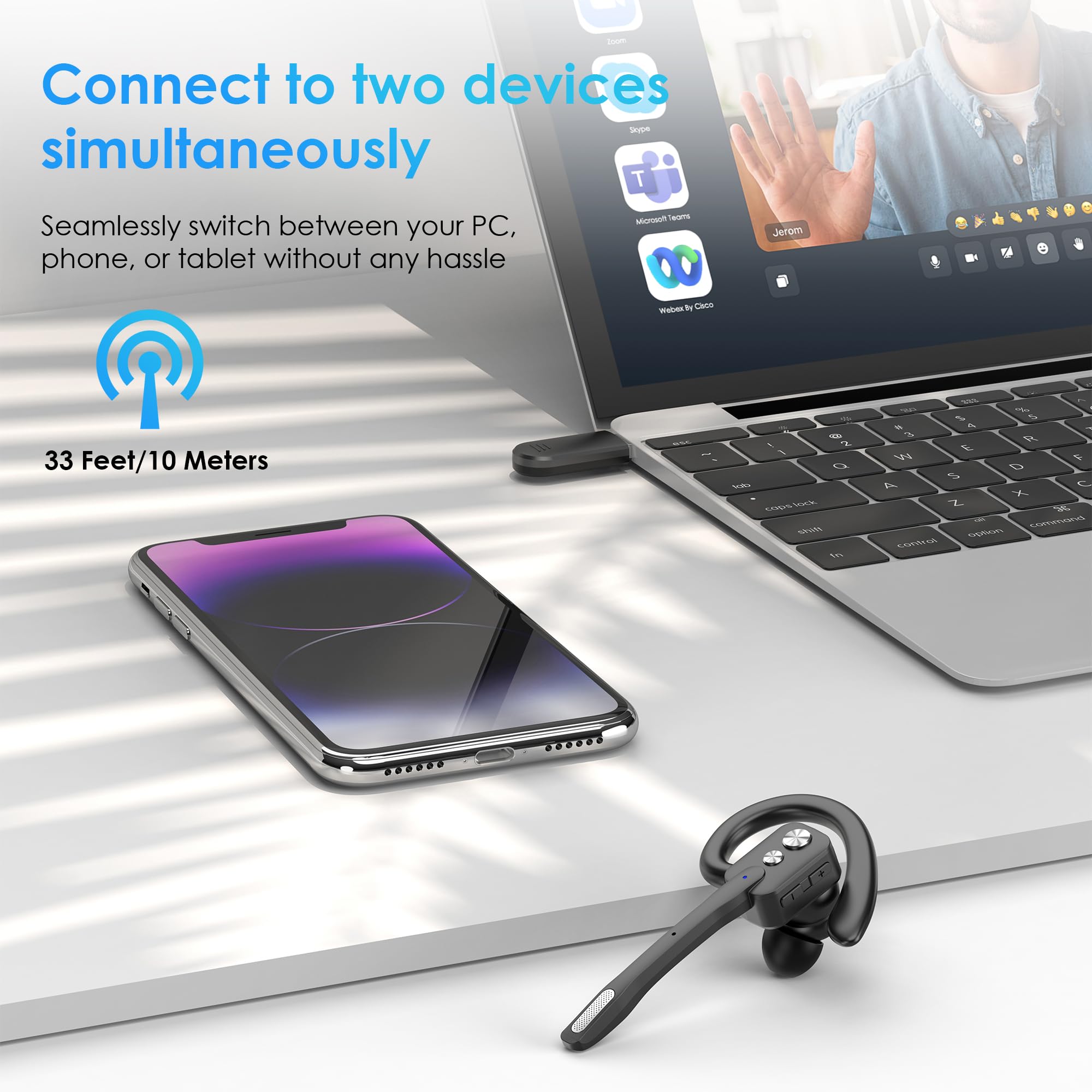 ICOMTOFIT Bluetooth Headset, Wireless Bluetooth Earpiece with Dual-Mic & Noise Canceling, V5.3 Hands-Free Single Ear Headset with Charging Case for Trucker, Office, Designed for Ergonomics