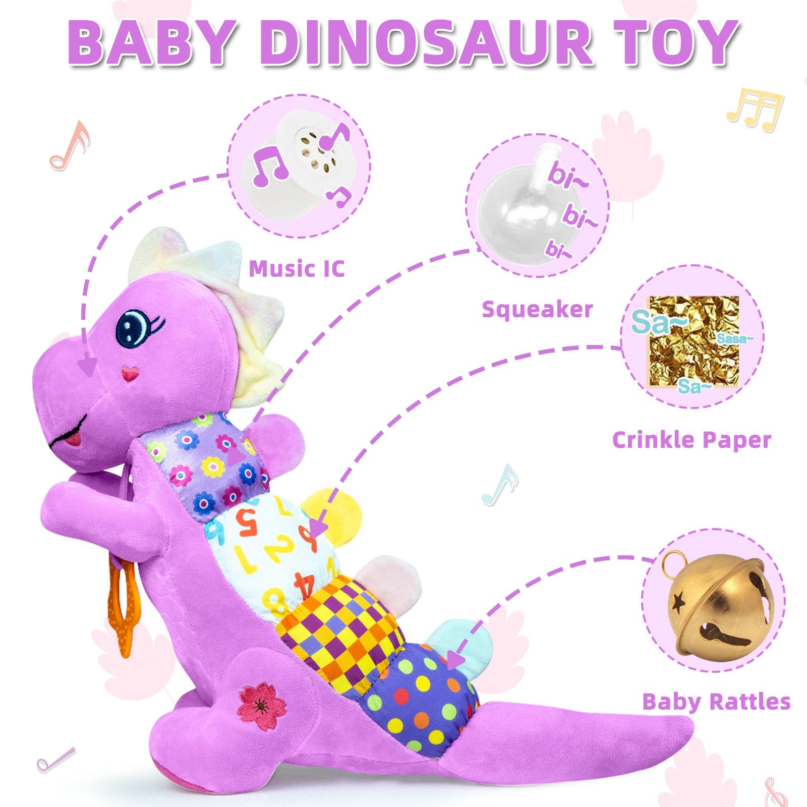 Baby Dino Musical Stuffed Animal Toys for 0-3-6-9-12 Months，Infant Dinosaur Tummy Time Toys with Crinkle Sound Paper，Teether，Textures & Rattles for Newborn Boys Girls Birthday Gifts，Purple