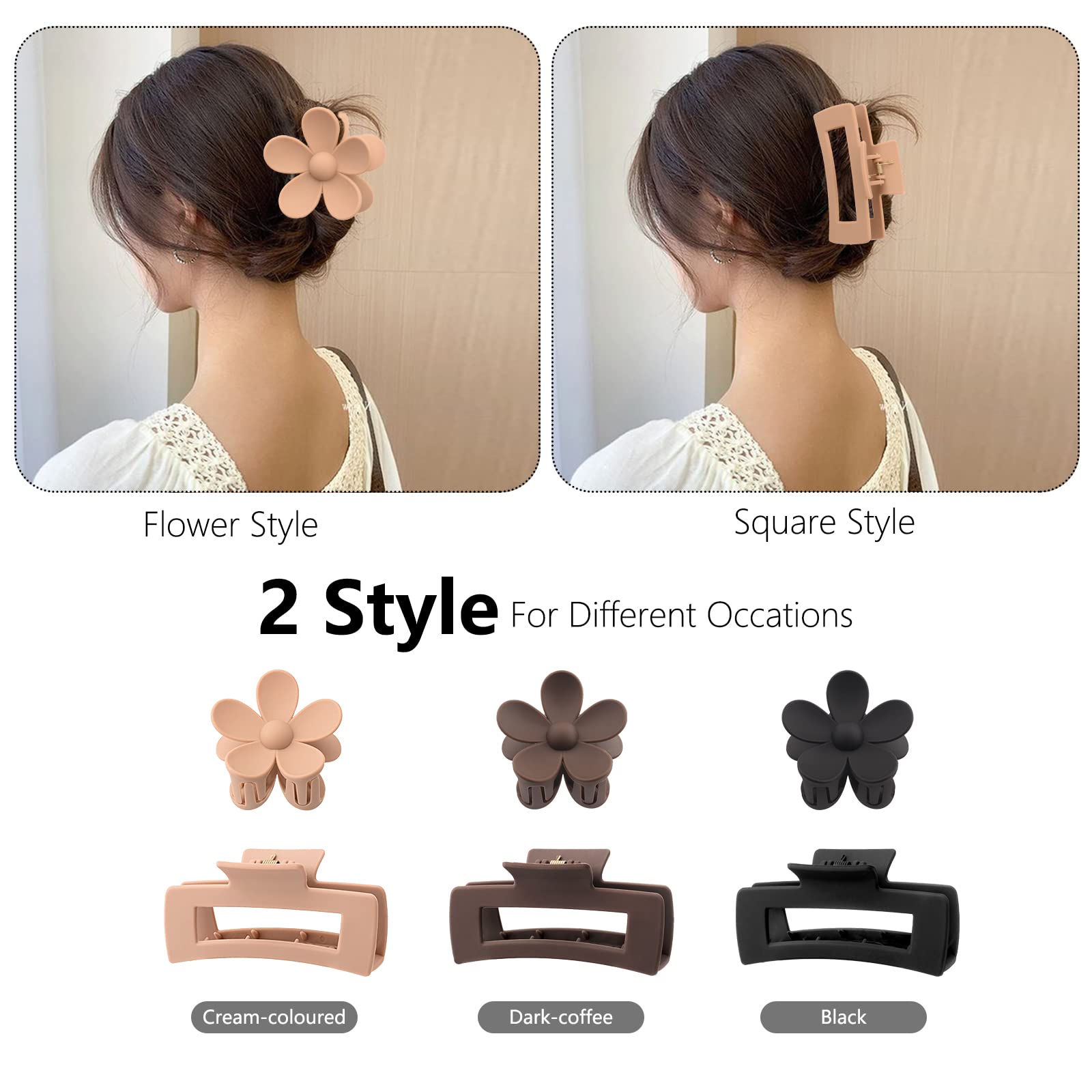 6 Pack 4.1 Inche Large Rectangle Hair Claw Clips Matte Flower Hair Clips, for Women Thin Thick Curly Hair, Neutral Colors