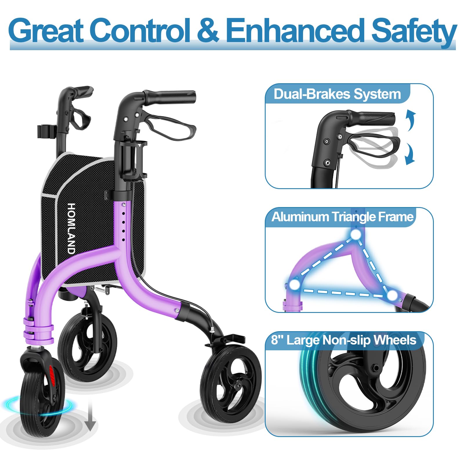 HOMLAND 3 Wheel Walkers for Seniors, Foldable Wheeled Rollator with Cane Hold and Cup Hold, Lightweight Three Wheel Rolling Walker Height Adjustable for Seniors