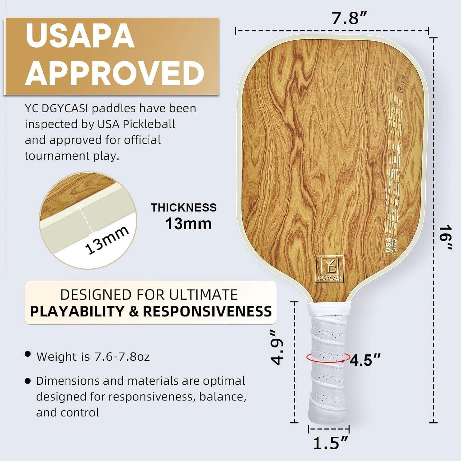 Pickleball Paddles Set of 2, USAPA Approved, Fiberglass Surface, Polypropylene Honeycomb Core, Anti-Slip Sweat-Absorbing Grip, 2 Outdoor Pickleball 2 Indoor Pickleball, Portable Carry Bag (Wood Grain)