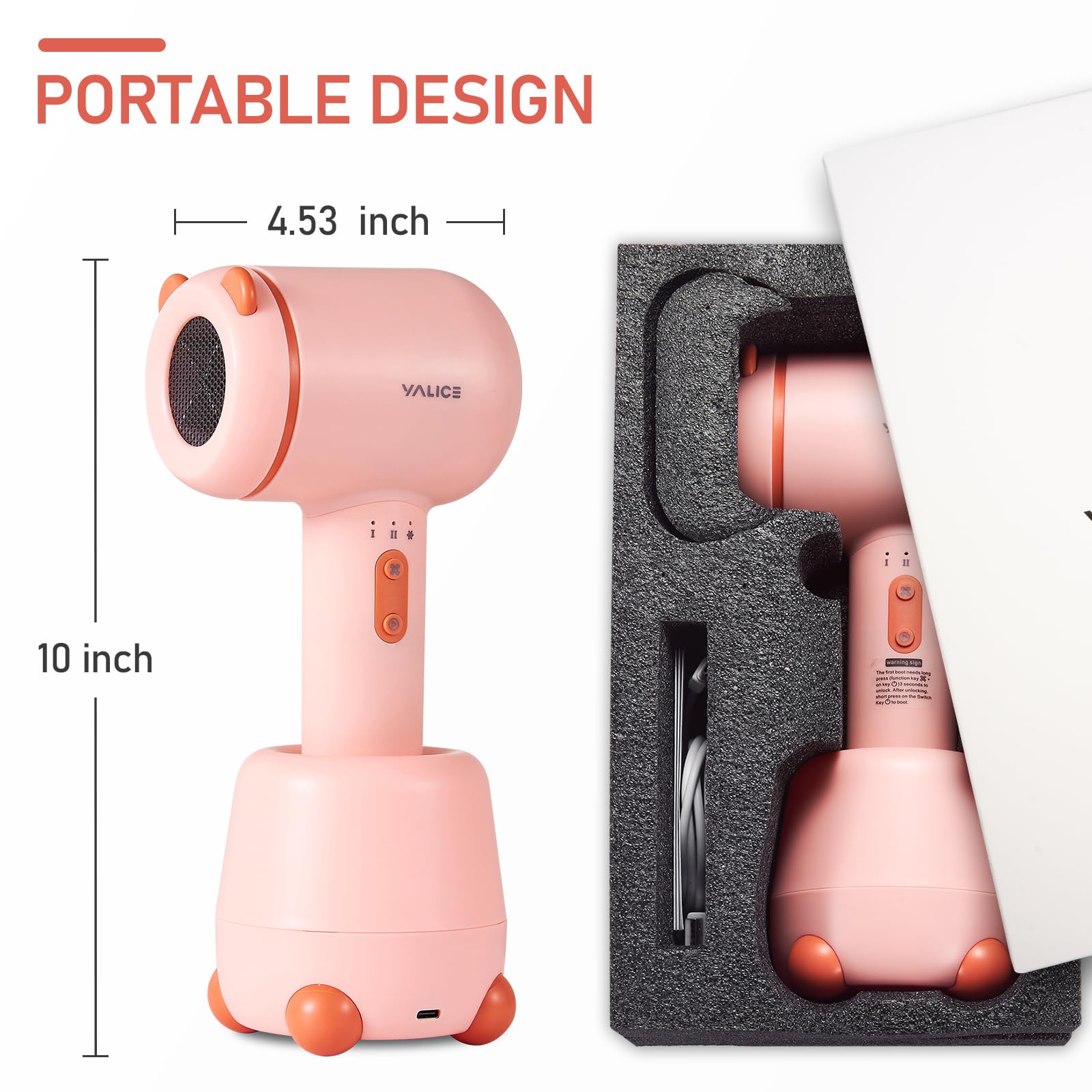 Cordless Kids Hair Dryer for Infant, Low Heat Gentle Air Small Rechargeable Hair Blow Dryer for Baby Butt Skin with 3 Speed Settings, 0-3 Years Using (Orange)