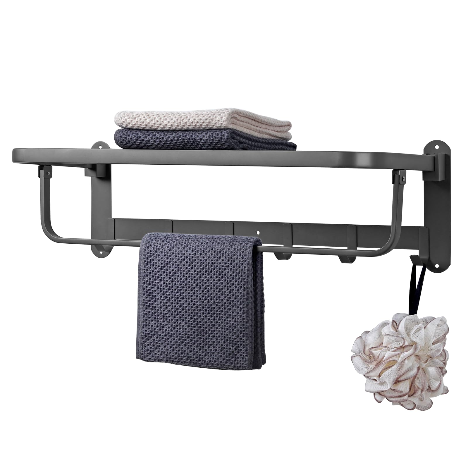 JiGiU Towel Rail 23.6 Inch Bathroom Towel Storage Wall Mounted with Towel Bar & 6 Hooks Foldable Towel Holder Stainless Steel Rustproof Towel Shelves for Home Bathroom Shower Kitchen
