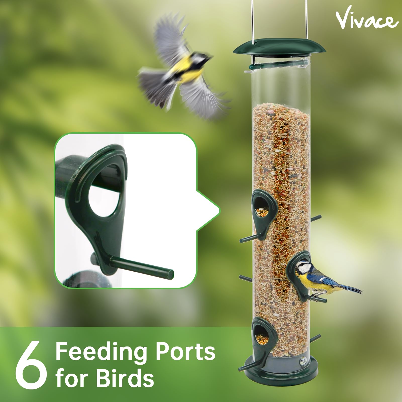 Vivace Bird Feeder, 2 Pack Classic Tube Bird Feeders for Outdoors Hanging Bird Feeder with 6 Feeding Ports, 2LB Seed Capacity Wild Bird Feeders, 14Inches，Premium