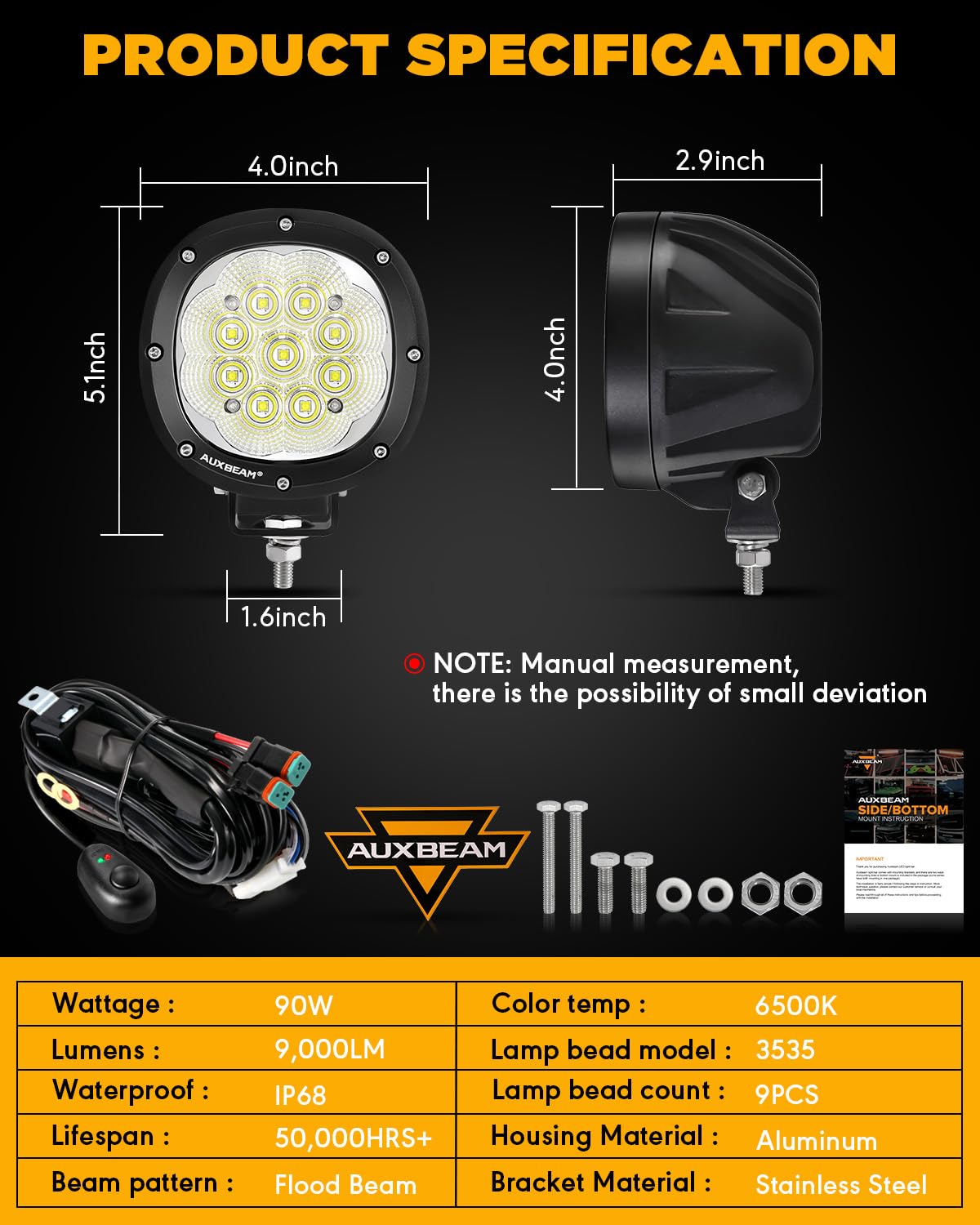 Auxbeam 4 Inch Round LED Light Pods, 90W Offroad Flood White Light Bar, Super Bright 9000LM Driving Work Light with DT Plug Wiring Harness Kit for Truck Boat Pickup ATV UTV SUV-2PCS