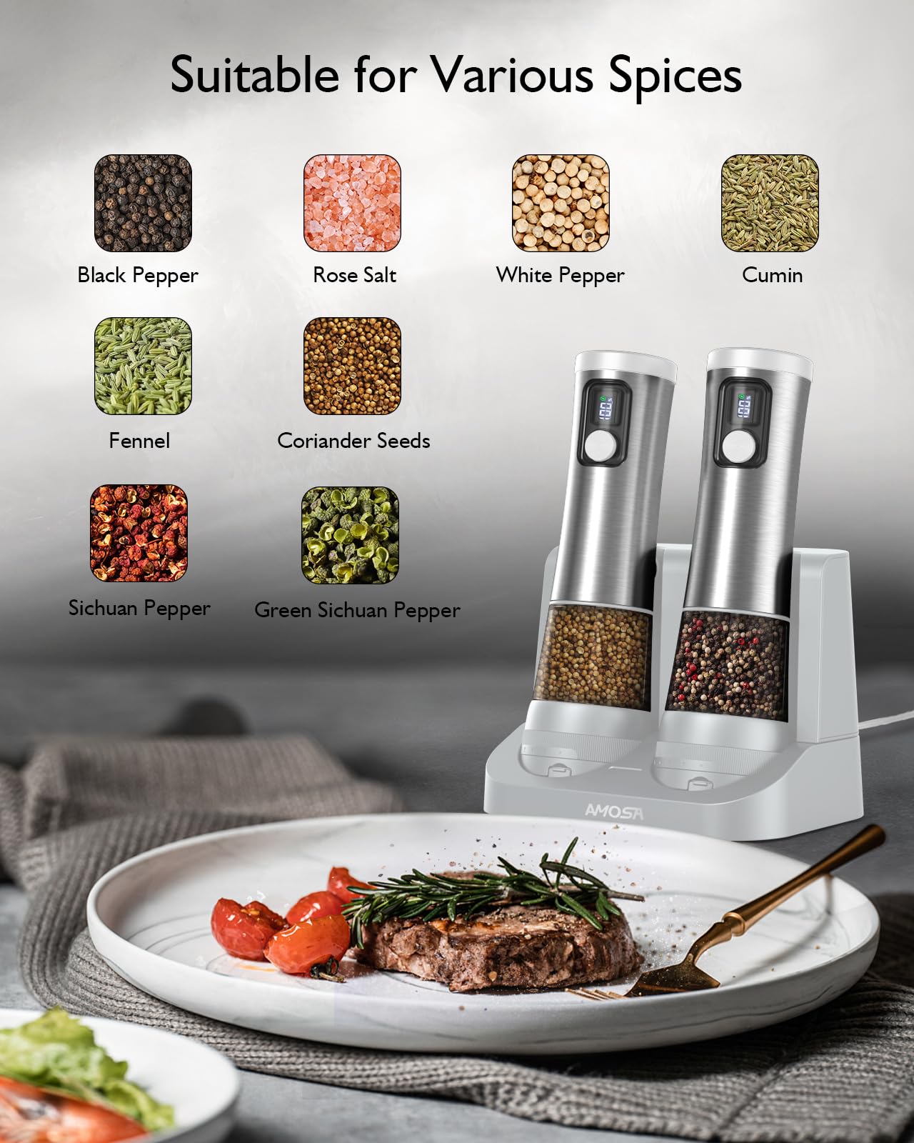 Electric Salt and Pepper Grinder Set, Upgraded 2-Speed Setting, External 5 Adjustable Coarseness, Battery Display Rechargeable Base, Stainless Steel Automatic Salt & Pepper Shaker Mill with LED, White