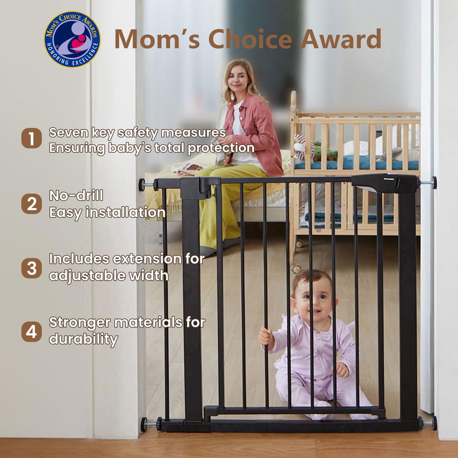 Mumeasy Baby Gate for Stairs - 29.6-46" Auto Close Dog Gate for Doorways, Extra Wide Child Gate Indoor, Walking Through Safety Gate for Kid, Pet Gates No Drilling Black, Mom's Choice Awards Winner