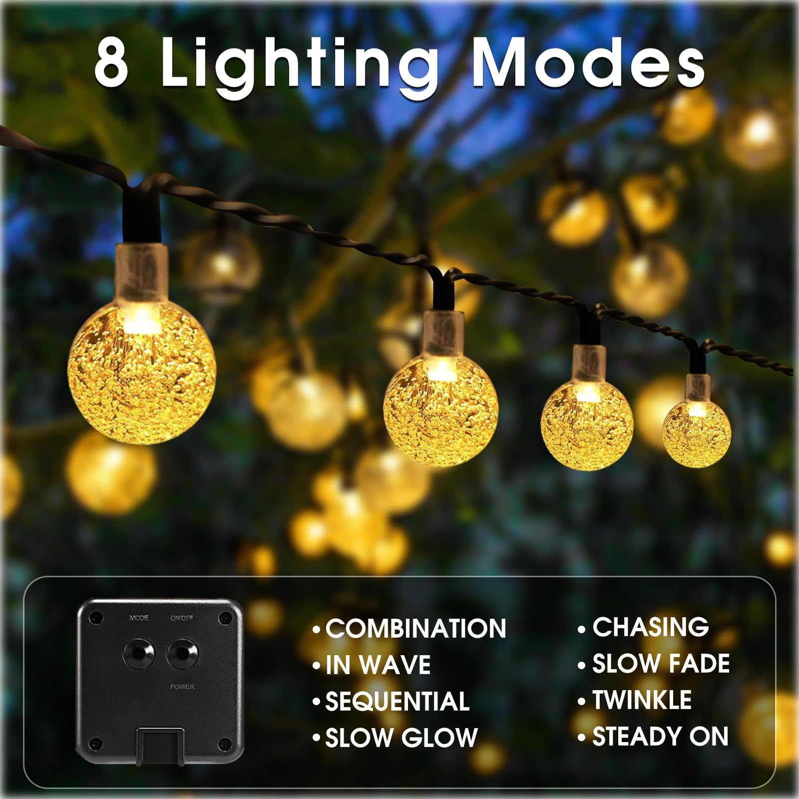 Eueasy Solar String Lights Outdoor, 2 Pack 49.2FT 100 LED Waterproof Crystal Globe Lights with 8 Lighting Modes for Tree Yard Garden Balcony Party Decorations Warm White