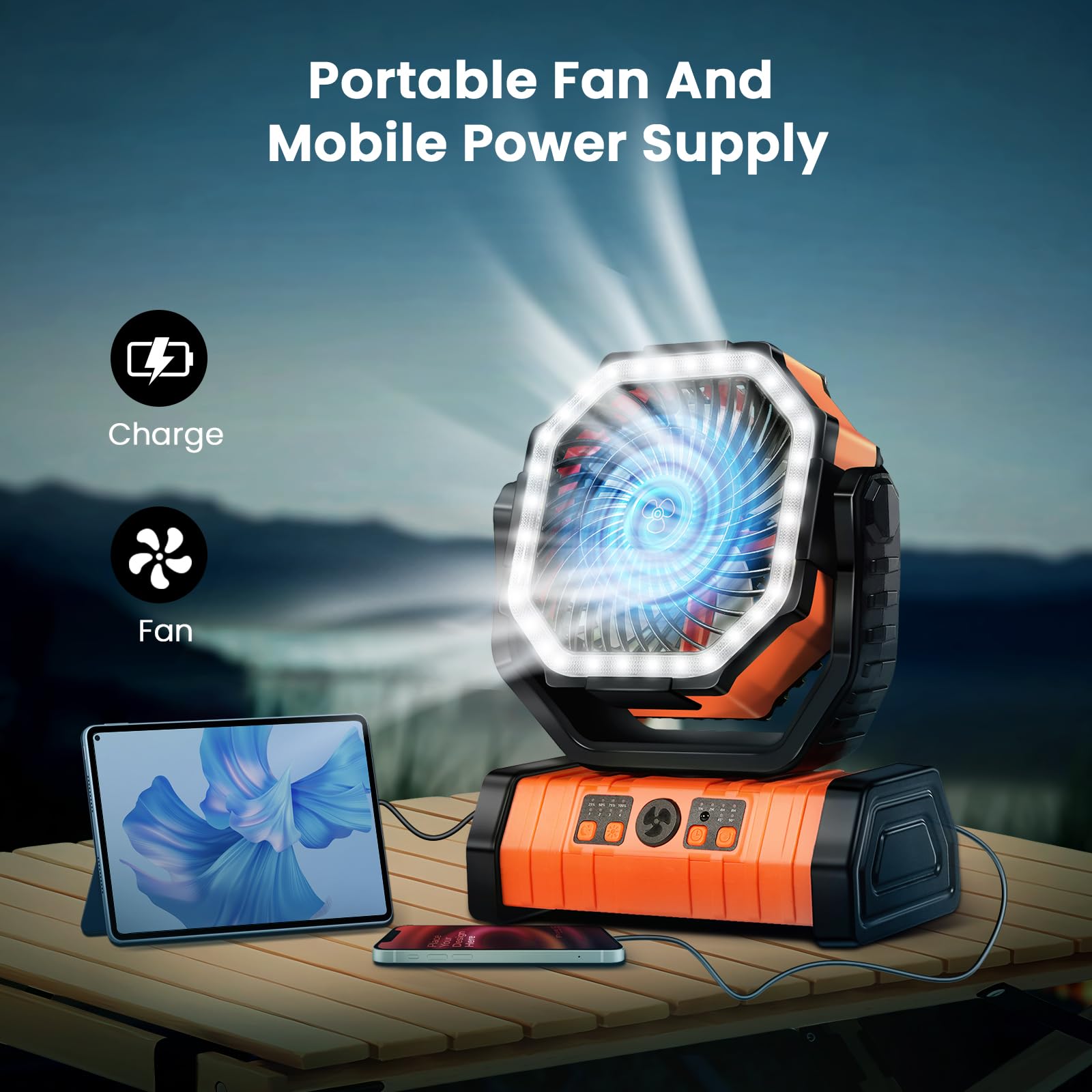 YOGIN High Speed Camping Fan - Multi-Angle Oscillation with Remote Control and Led Light - 20000mAh Rechargeable Battery Long Life - Outdoor Fan for Patio, Camping, Car Traveling