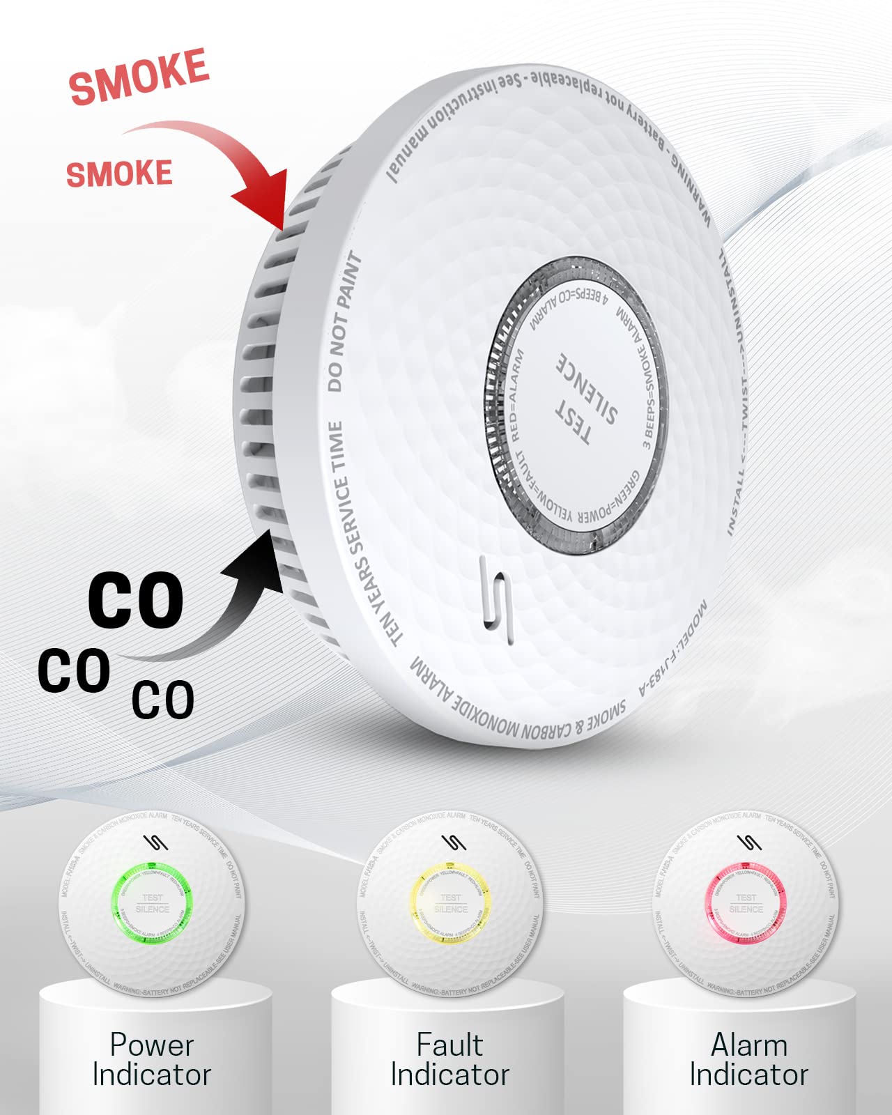 Ecoey 10-Year Smoke and Carbon Monoxide Detector, Dual Sensor Smoke CO Alarm with Built-in Battery and Silence Function,FJ183-A,4 Packs