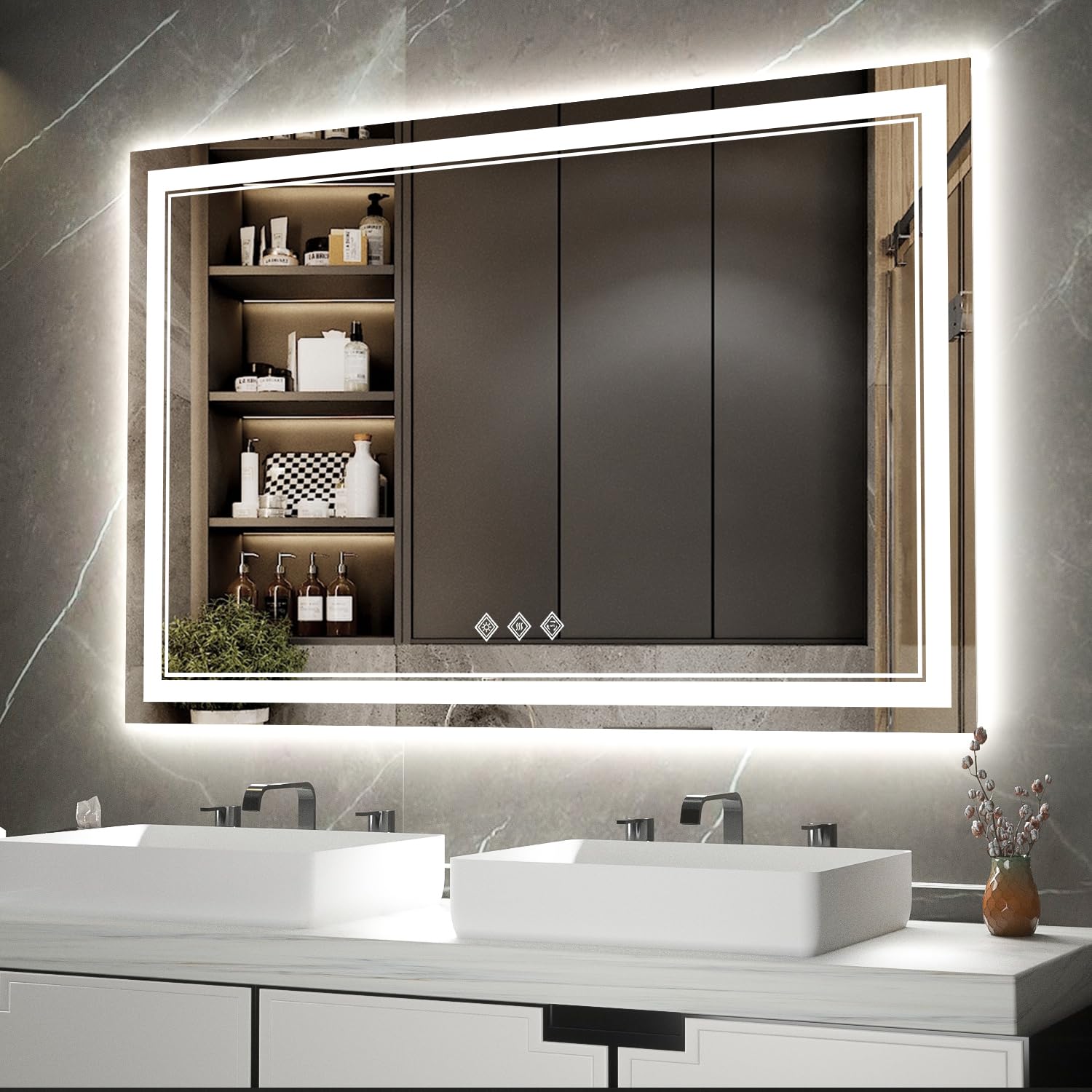 VanPokins LED Bathroom Mirror, 48x32 Inch Gradient Front and Backlight Lighted Vanity Mirror, 3 Colors Dimmable CRI>90 Double Lights, IP54 Enhanced Anti-Fog, Hanging Plate Wall Mount LED Light Mirror