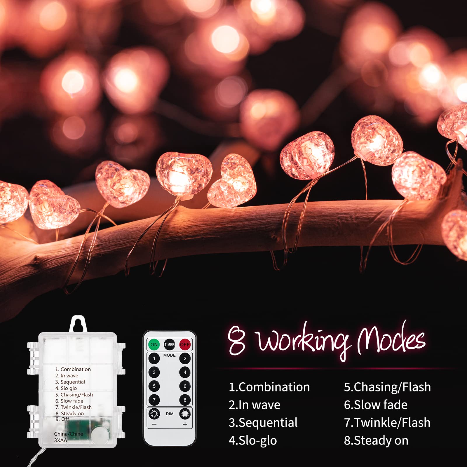 Valentine’s Day Fairy String Lights - 10.5 ft 30 LED Pink Heart Battery Operated Fairy Lights with Timer and Remote, Twinkle Heart Lights for Wedding DIY Indoor Christmas Gift Valentine's Day