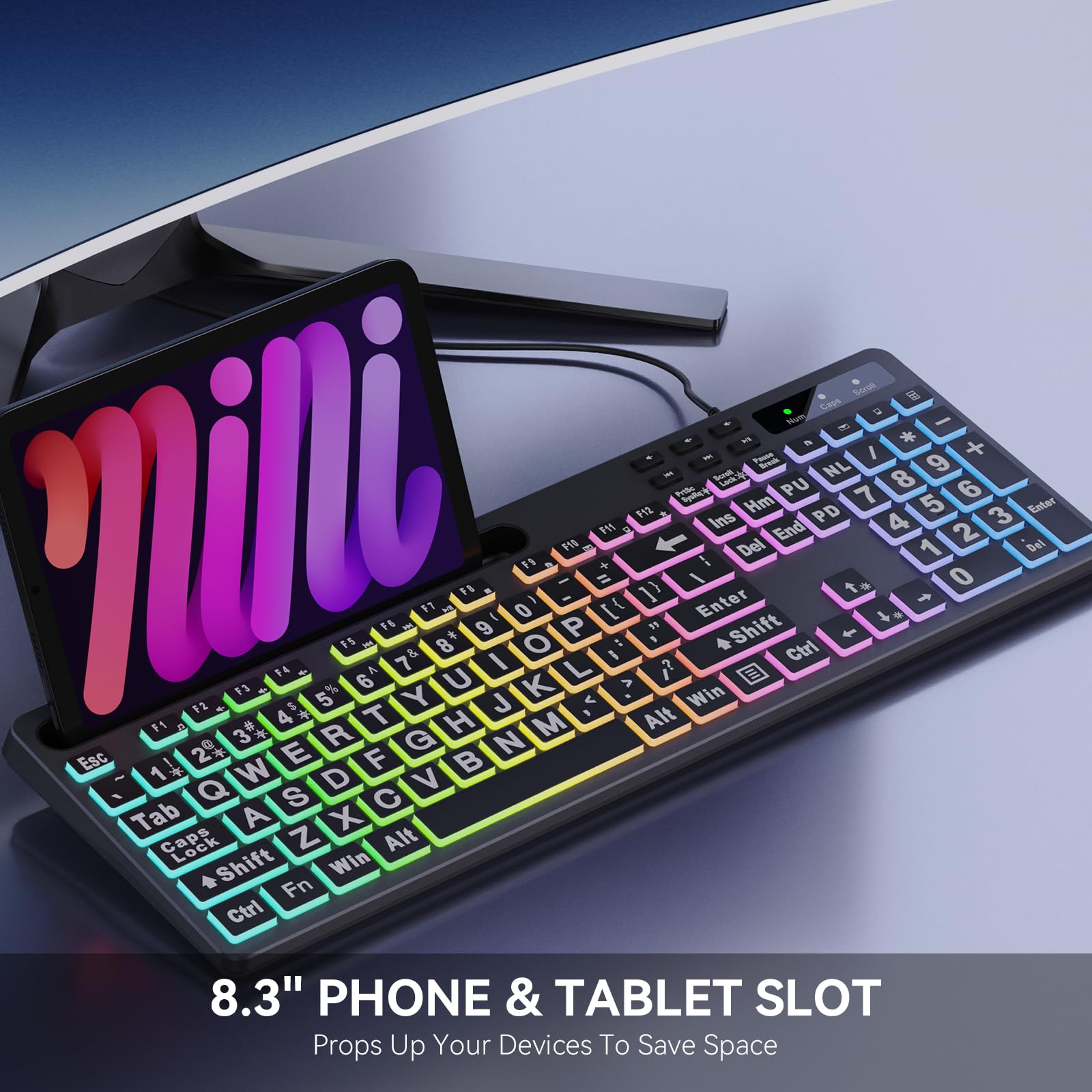 MARVO Large Print Backlit Keyboard, WK712 Wired Computer Keyboard with 7 Colors & 11 Modes Backlight, Silent Light Up Keyboard with Tablet Phone Holder, Full-Size Gaming Keyboard for Windows, Mac