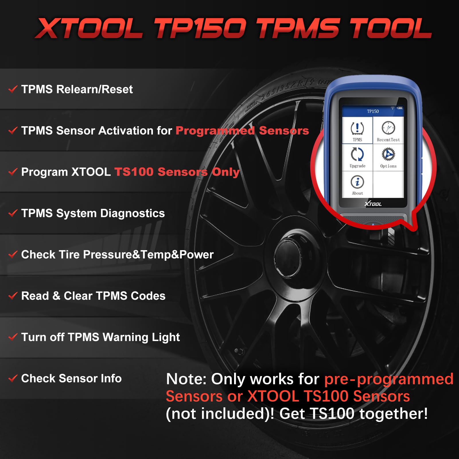 XTOOL TP150 TPMS Programming Tool, Universal TPMS Relearn/Reset/Activate Tool, Tire Sensor Programmer for XTOOL TS100 Only, Tire Pressure Monitor System Diagnostics Tool