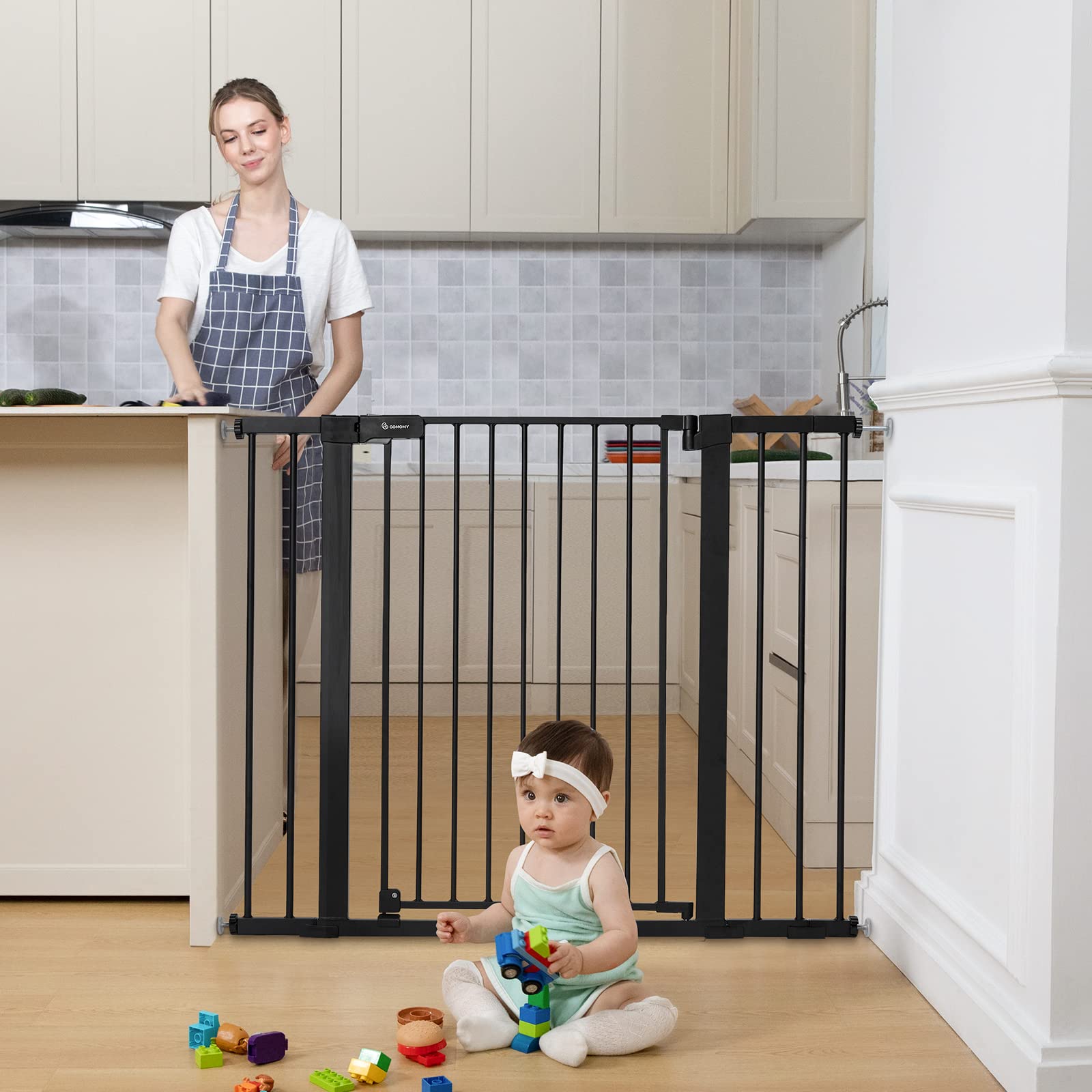 COMOMY 36" Extra Tall Baby Gate for Stairs Doorways, Fits Openings 29.5" to 48.8" Wide, Auto Close Extra Wide Dog Gate for House, Pressure Mounted Easy Walk Through Pet Gate with Door, Black