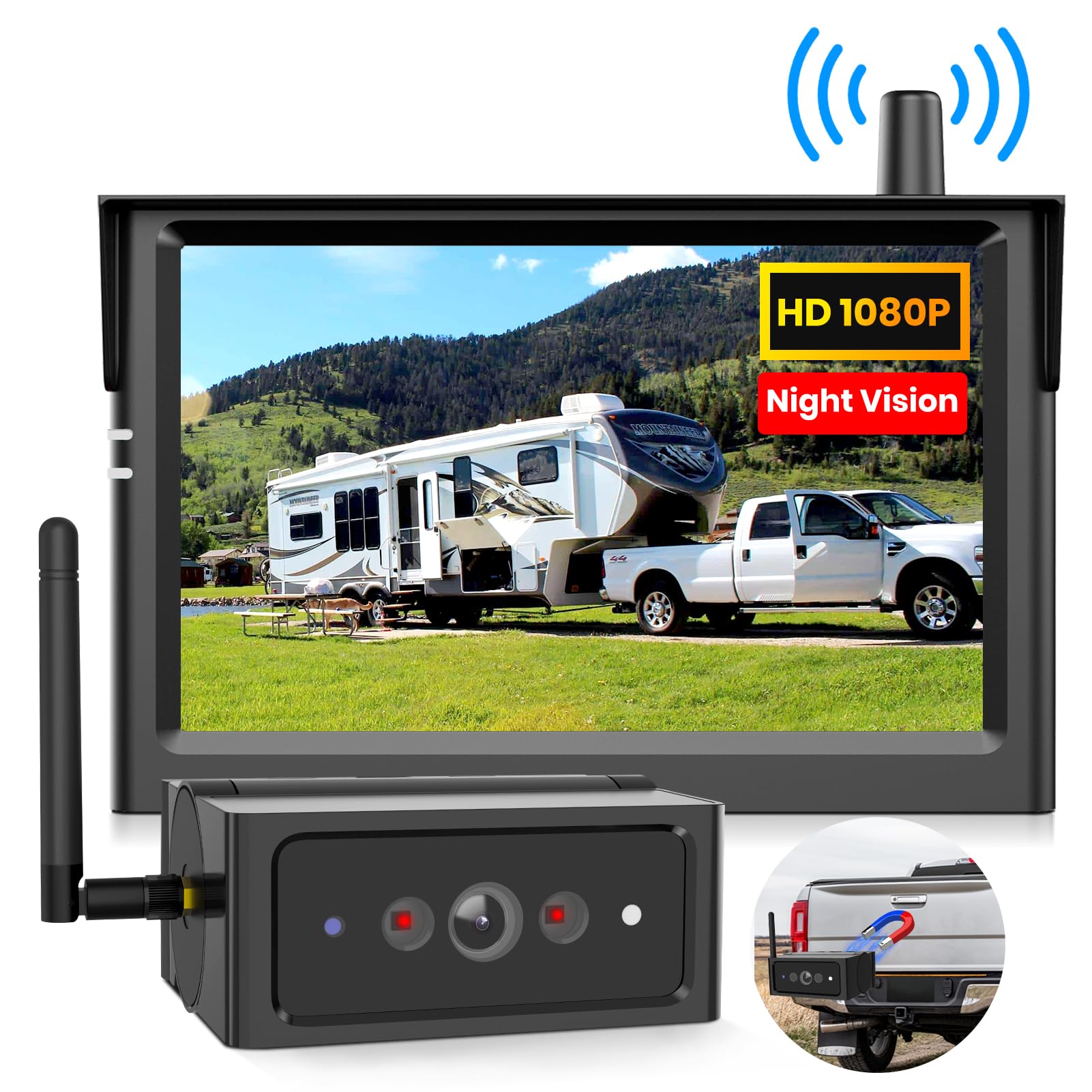 AUTO-VOX Magnetic Wireless Backup Camera,2Mins DIY Installation &1080P Portable Battery Truck Trailer Hitch Rear View Camera with 5" Car Monitor System,IR Night Vision Back Up Camera for Camper/RV-S4