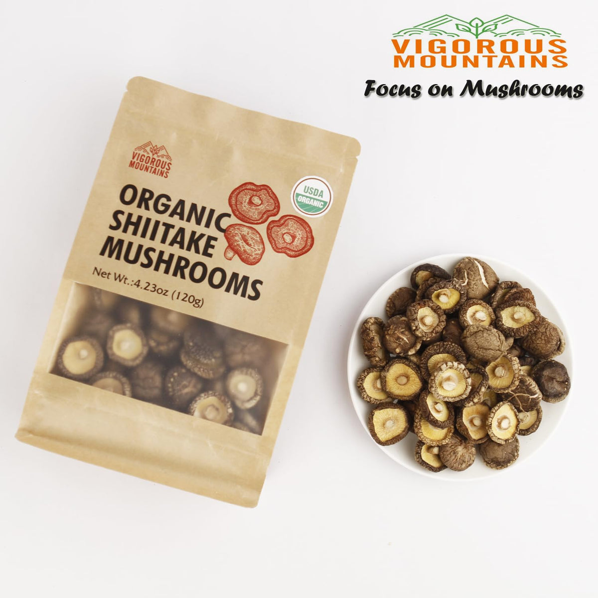 VIGOROUS MOUNTAINS USDA Organic Dried Shiitake Mushrooms Dry Dehydrated Mushrooms for Cooking 4.23oz, 120g
