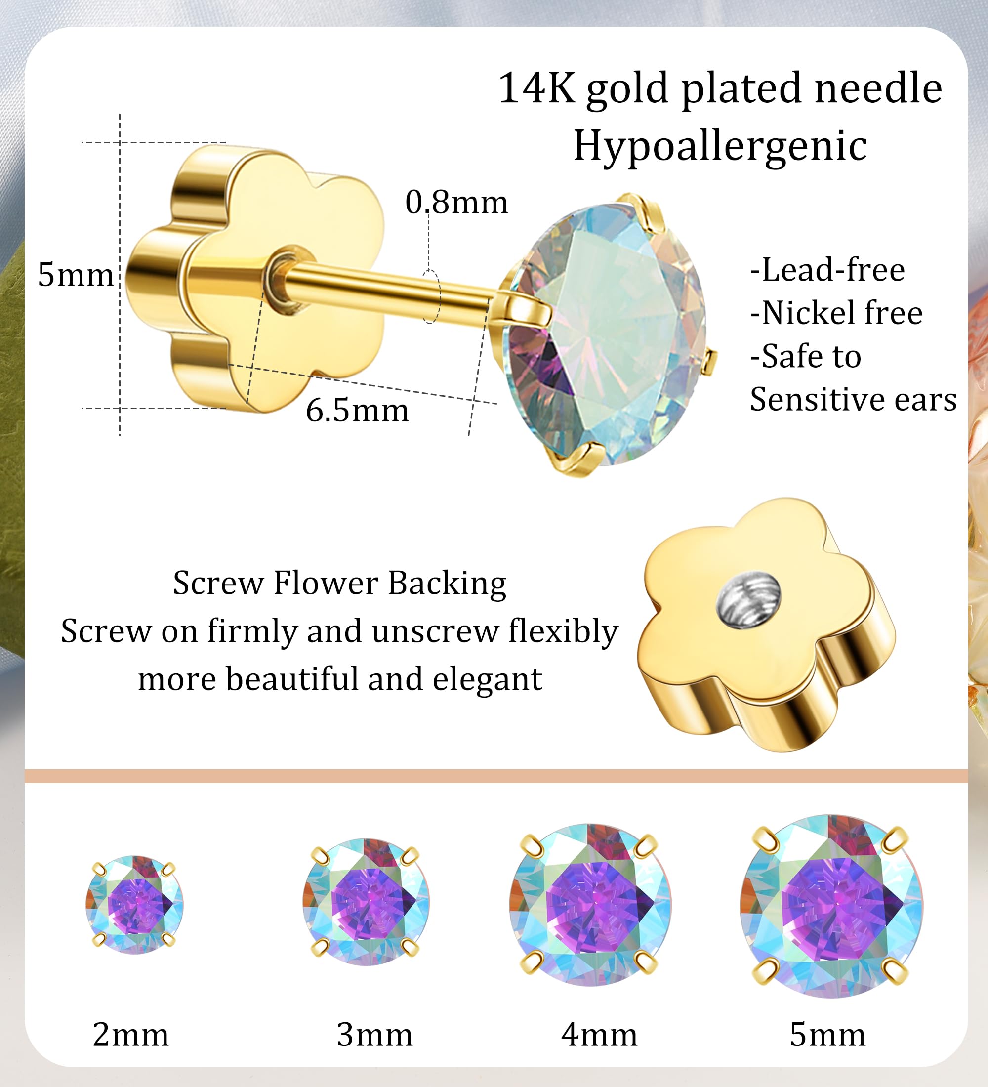 Enticera 4Pairs AB CZ Earrings Studs 14K Gold Flat Back Cubic Zirconia Earrings for Helix Cartilage Piercing Hypoallergenic Screw Back Nap Earrings Handmade Earrings for Women Multiple Piercin Gold2-5