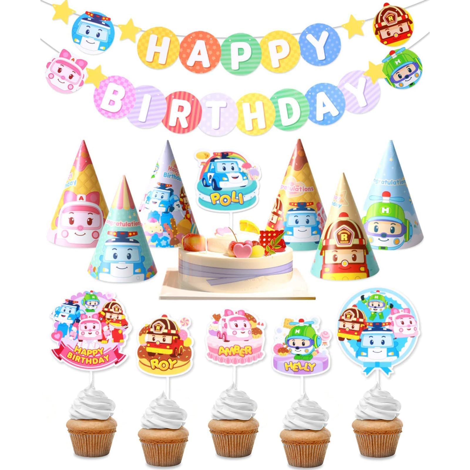 Robocar Poli, Birthday Party Supplies [2-PACK] Happy Birthday Banner Garland, Cake Cupcake Toppers, Cone Hats Set for Boy Girl Kids Party Decorations