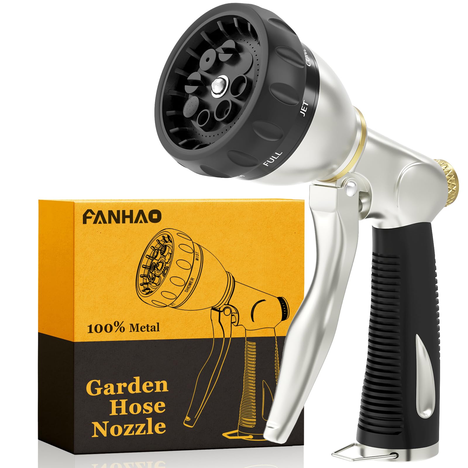 FANHAO Heavy Duty Garden Hose Nozzle, 100% Metal Water Nozzle with 8 Adjustable Spray Patterns, High Pressure Hose Sprayer with Non-Slip Grip for Watering Plants & Lawns, Washing Cars & Pets -Silver