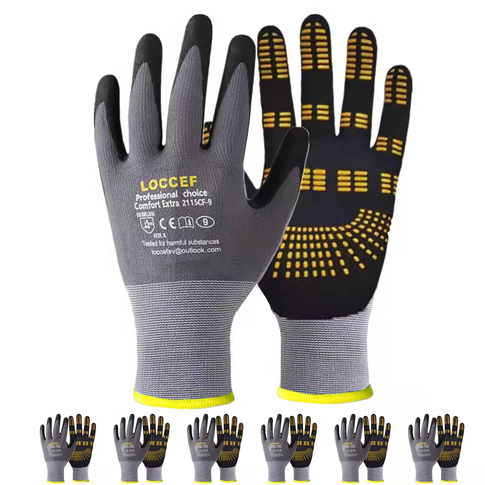 LOCCEF Endurance Knit Work Gloves MicroFoam Nitrile Coated-6 Pairs,Tacky Dot Grip, Multi Purpose,Micro-Foam Gloves(8-M)