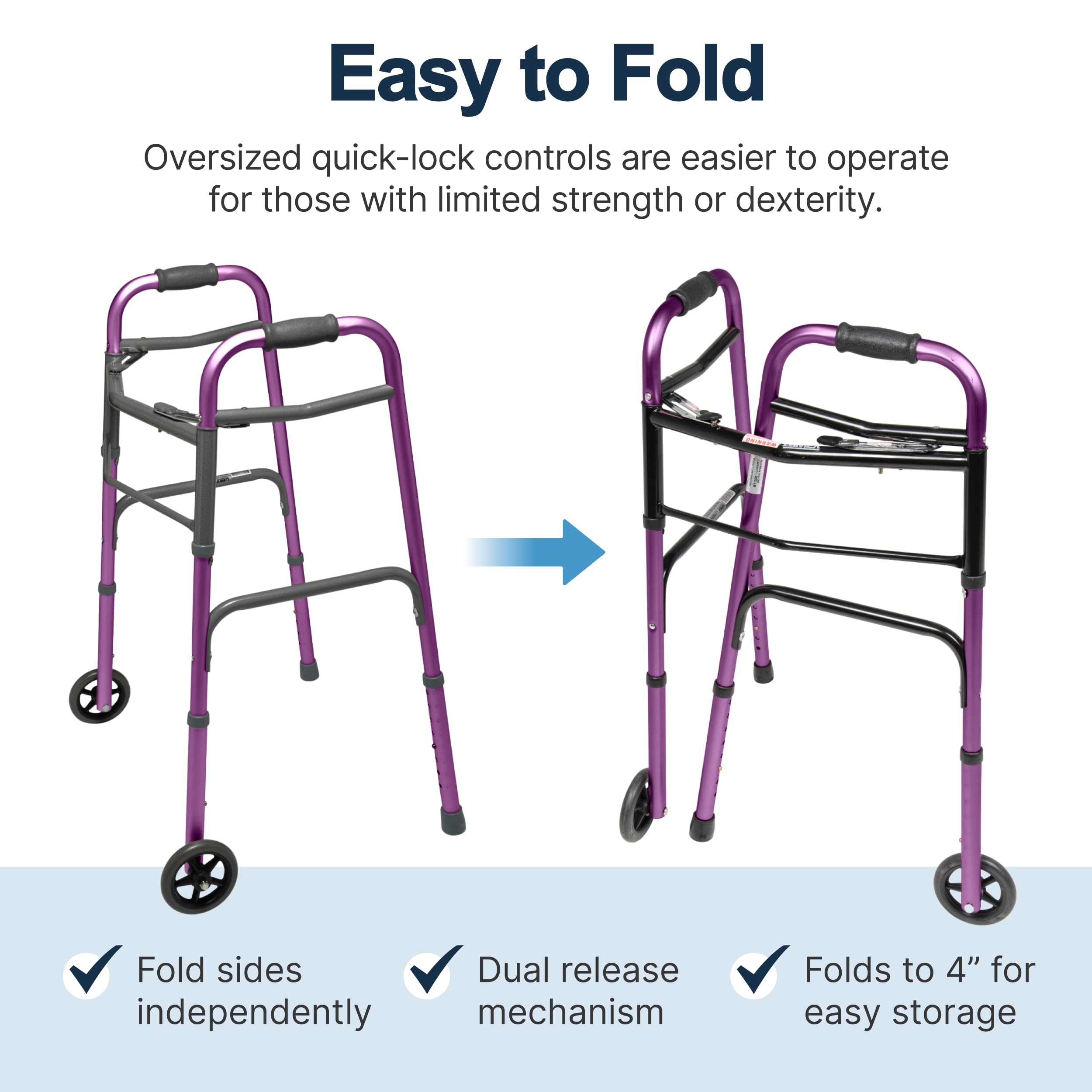 Lumex ColorSelect Walkers for Seniors, Rolling & Folding Adult Walker with Wheels, Plum