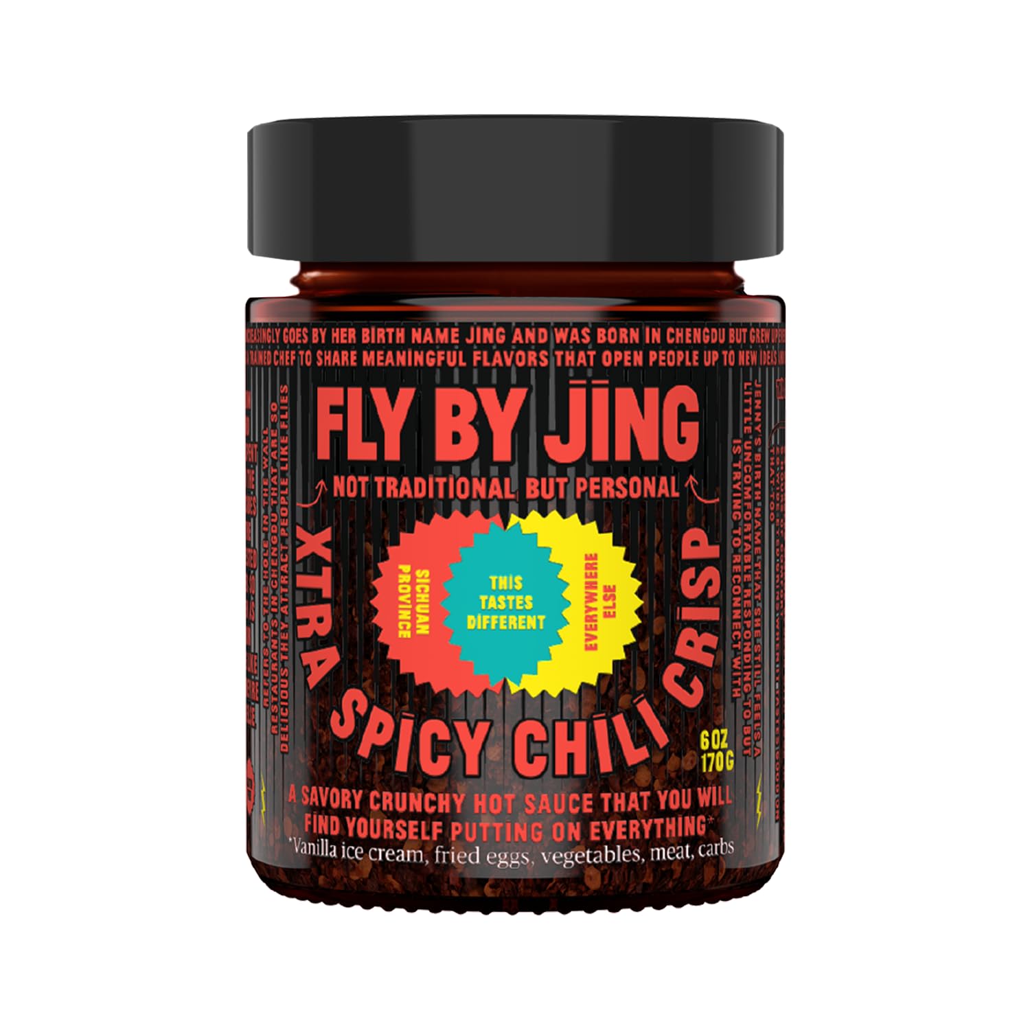 FLYBYJING Xtra Spicy Chili Crisp, Hot Savory Tingly Crunchy Chili Oil Sauce w Sichuan Pepper, Good on Everything Hot Sauce, All-Natural and Vegan, Made with Extra Hot Chilis, 6oz (Pack of 1)