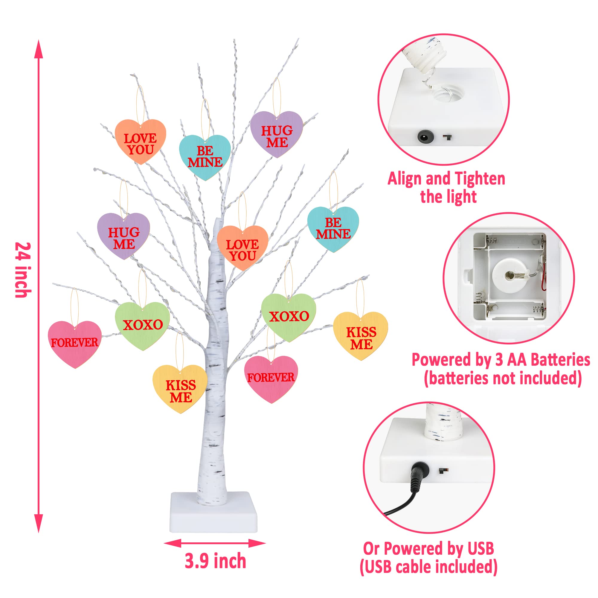 [Timer] Valentines Day Decoration 24 Inch Valentines Decor Tree Light with 12 Heart Ornaments, USB/Battery Operated Valentines Day Decor Lighted Tree, Valentines Day Decorations for Home Table Bedroom