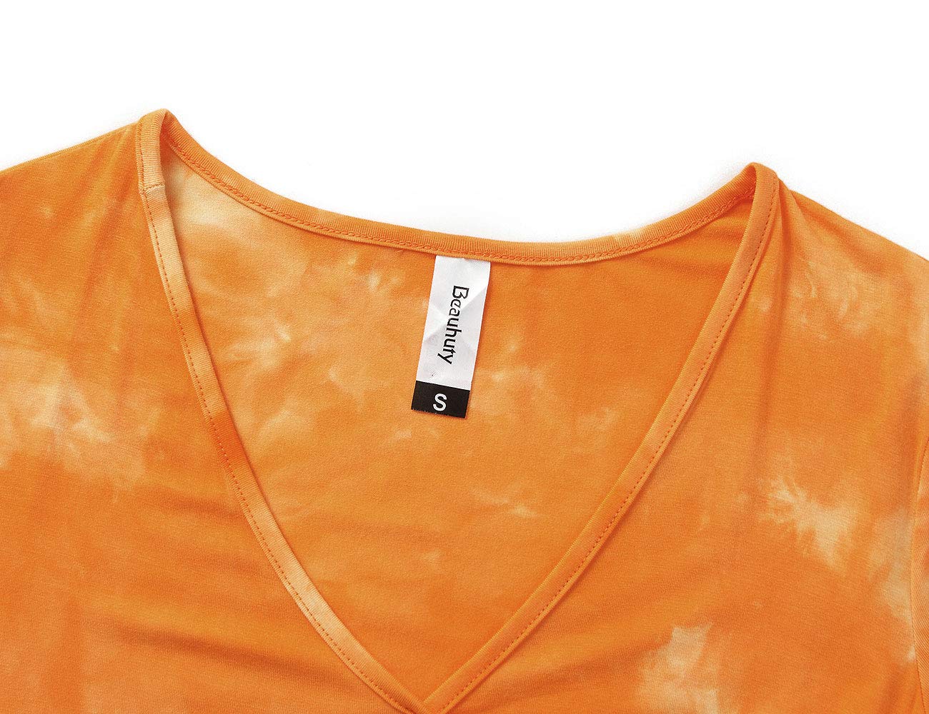 Beauhuty Women Tie Dye Tee Shirts Casual Soft Slim Fit Short Sleeves Deep V Neck Ruched Tops (S, Short-Tie Dyed Orange)