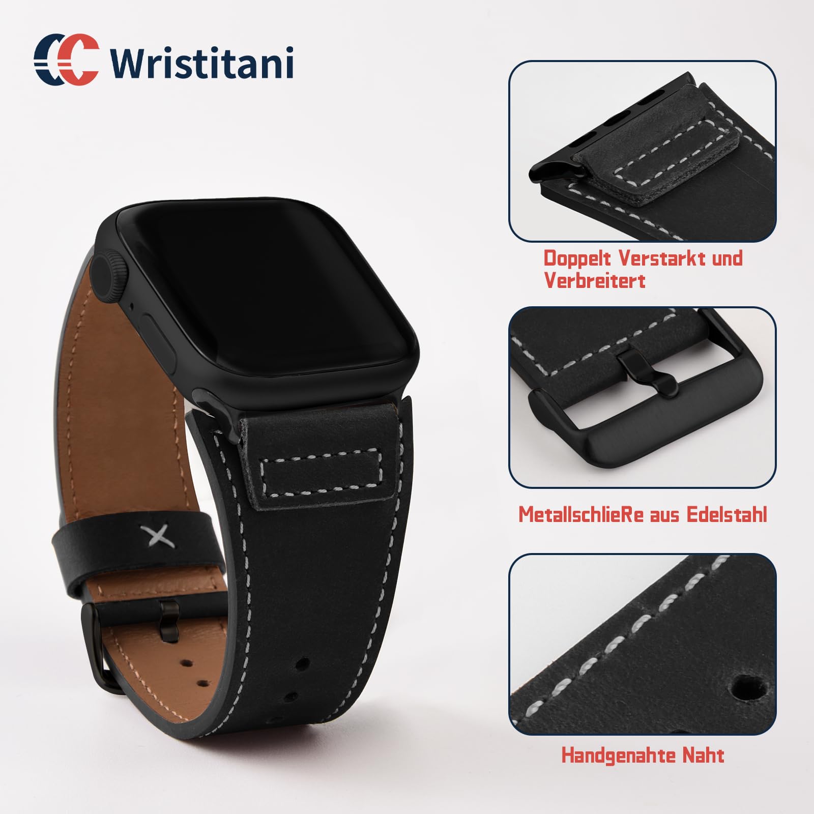 Wristitani Leather Bands Compatible With Apple Watch Band 49mm 45mm 44mm 42mm for Men, Top Grain Genuine Leather Replacement Strap for iWatch Ultra2 Ultra Series 9 8 7 SE2 SE 6 5 4 3