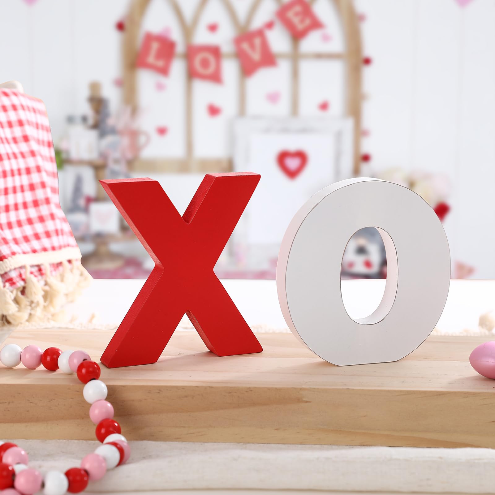 Valentines Day Decor-Wooden XOXO Tabletop Sign-Classic White Red Valentines Decorations for Home Table Shelf Mantel Fireplace Wedding Party Supplies