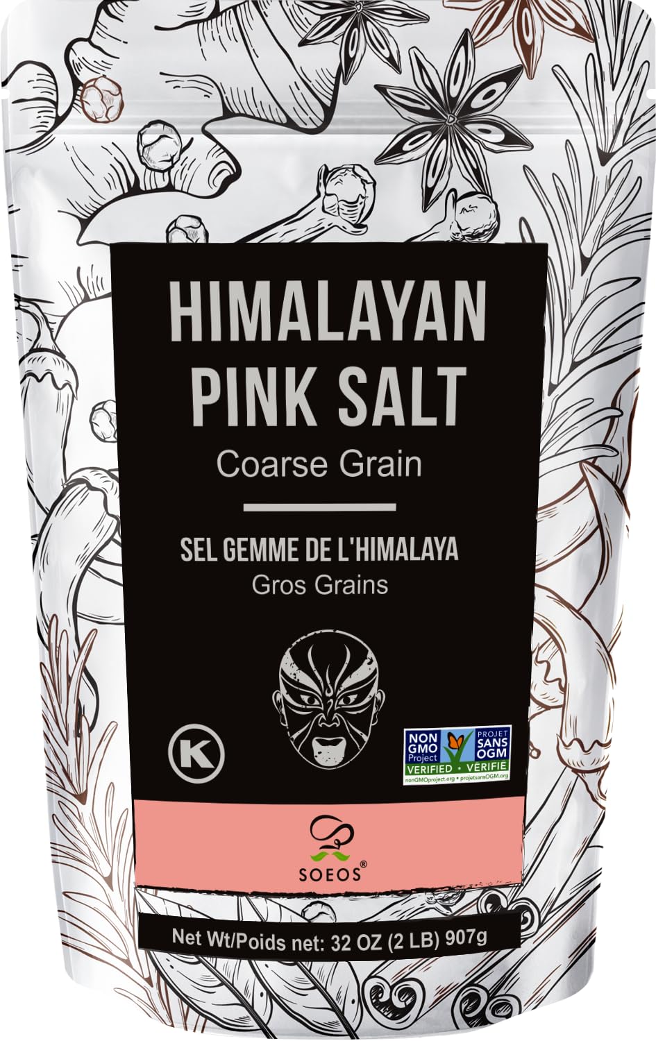 Soeos Himalayan Pink Salt, Coarse Grain, 2 Pound (32 Oz), Non-GMO Pink Himalayan Sea Salt, Himalayan Salt Coarse Salt, Pink Salt for Grinder Refill, Kosher & Natural Certified, Healthy