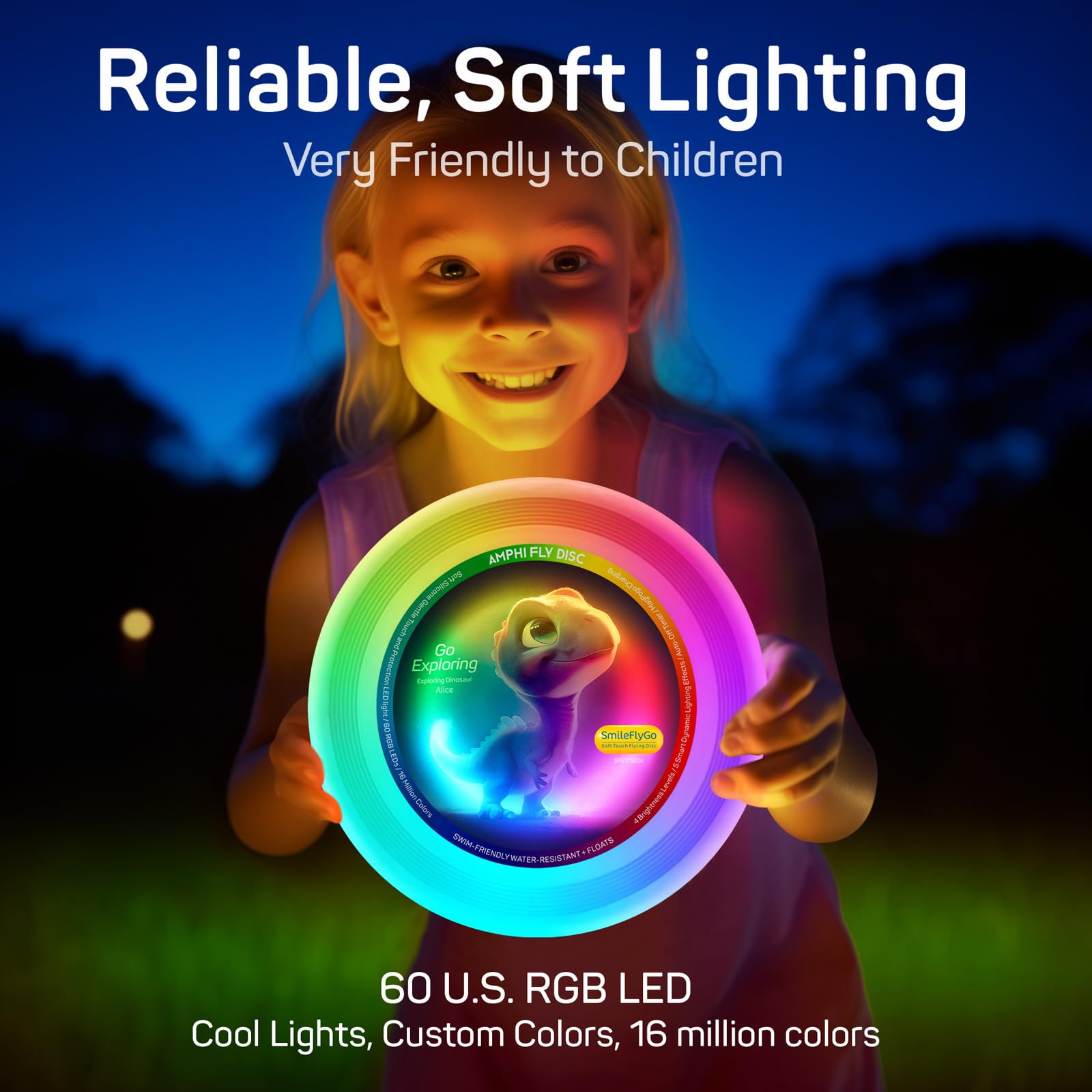 SmileFlyGo LED Flying Disc-16 Million Colors RGB 60 LEDs Bright,Rechargeable & Waterproof,Floats for Night/Water Play,Silicone Soft Touch for Boys/Girls/Teens/Kids,Fun Christmas,Birthday,Camping Gift