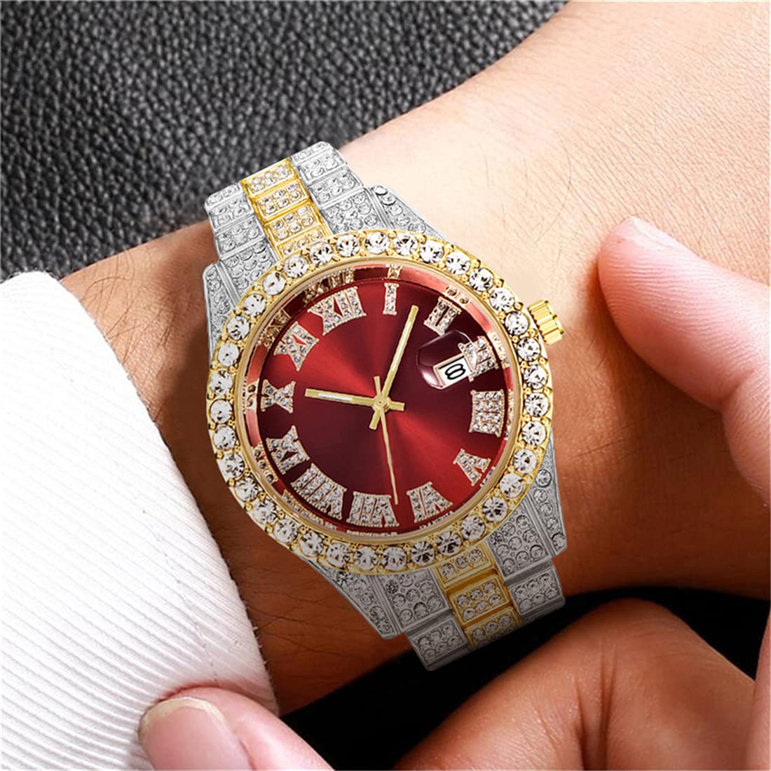 BESTKANG Unisex Luxury Iced Out Watch Mens Diamond Watches Roman Numerals Watches Quartz Analog Wrist Watch (Two Tone red)