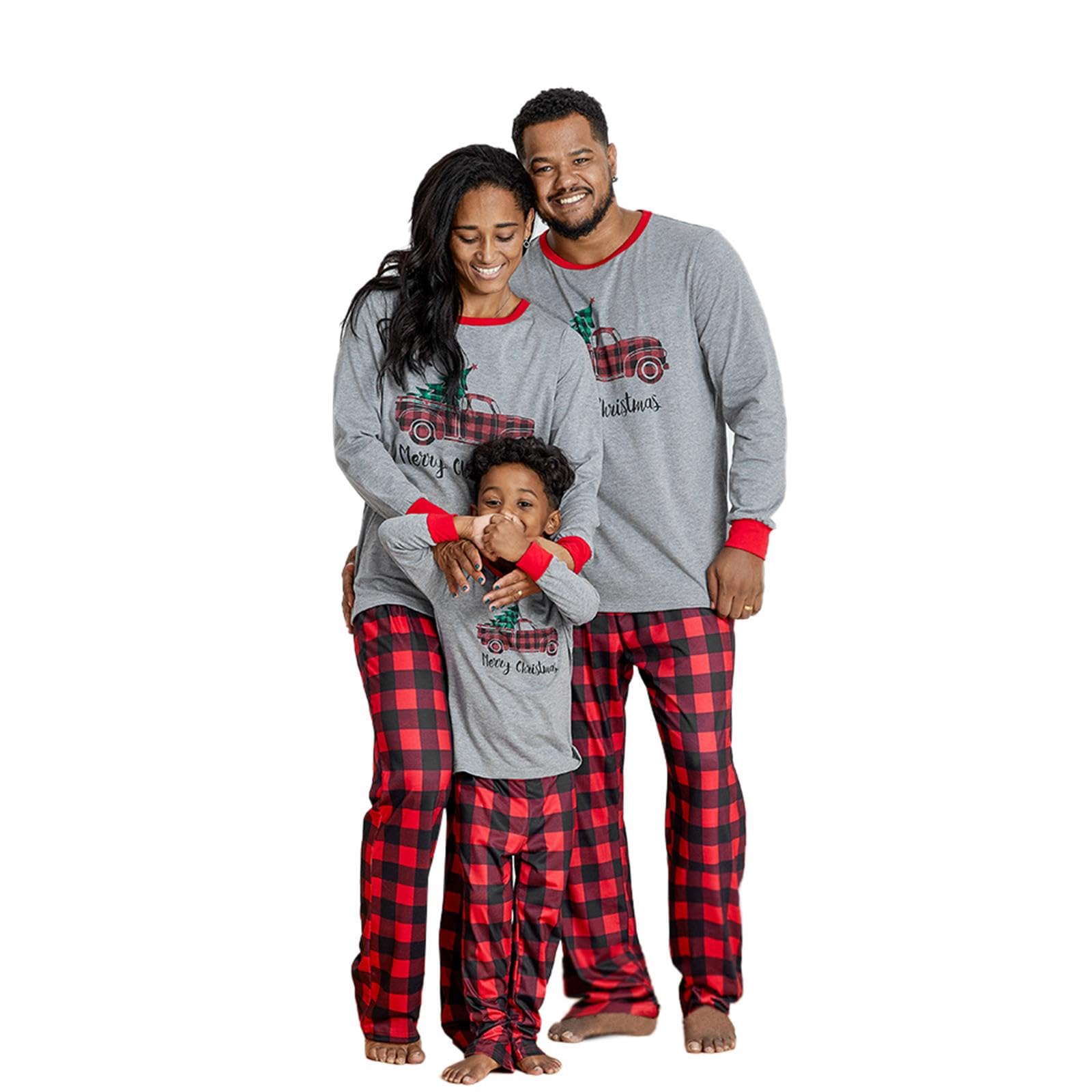 IFFEI Matching Family Pajamas Sets Christmas PJ's Sleepwear Truck Print Top and Plaid Pants with Pocket Men: L