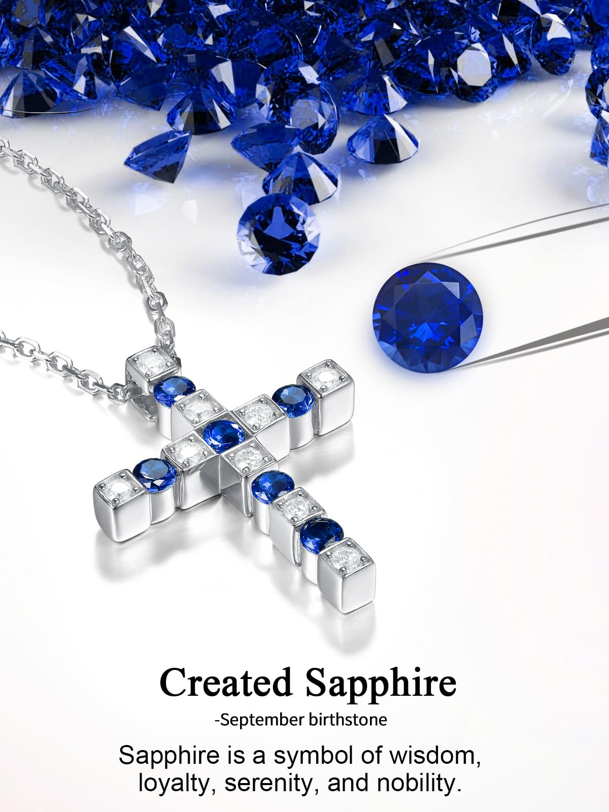 FWM Men Blue Cross Necklace 925 Sterling Silver Moissanite and Sapphire Cross Pendant for Women September Birthstone Gifts