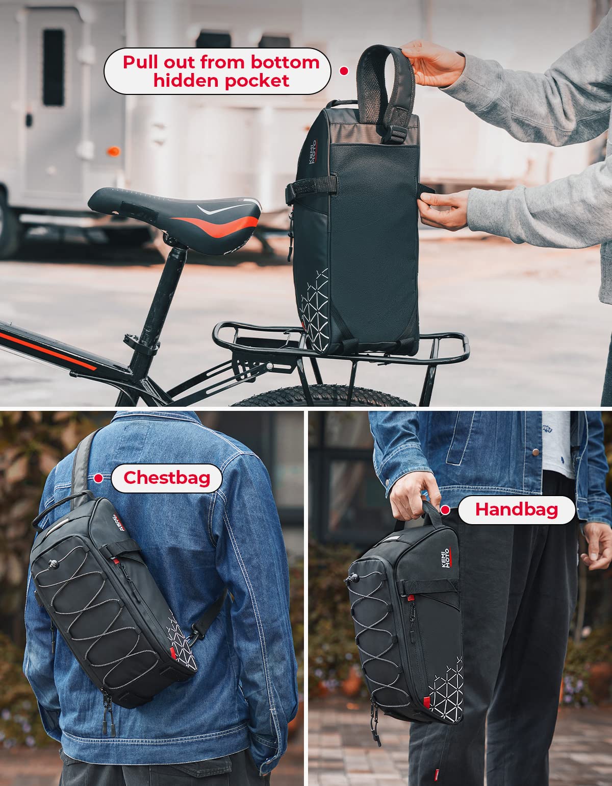 KEMIMOTO Rear Bike Rack Bag - 8L PVC Water Resistant Bicycle Bag for Road and Mountain Bikes - Black Commuter Bag for Grocery Shopping and Cycling