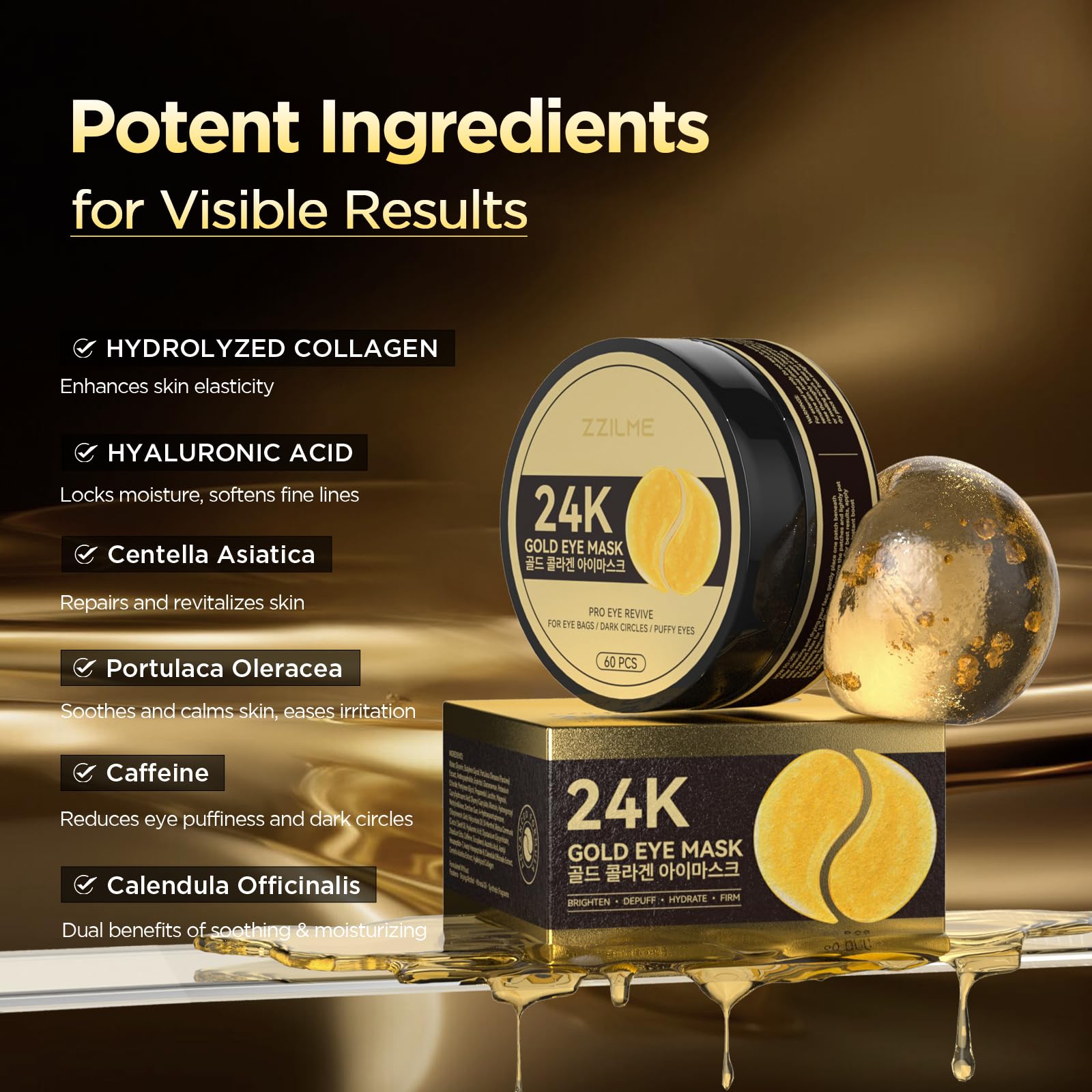 ZZILME 24k Gold Eye Patches - Firming, Glowing & Hydrating Hydrogel Mask for Puffy Eyes, Dark Circles, Wrinkles, Fine Lines, Eye Bags Treatment, Korean Skincare Gifts for Women and Men, 60Pcs